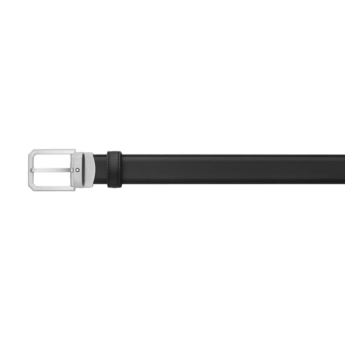 The Montblanc Business Leather Belt, featuring a self-adjustable black leather design and a sleek stainless steel buckle, is elegantly displayed on a white background.