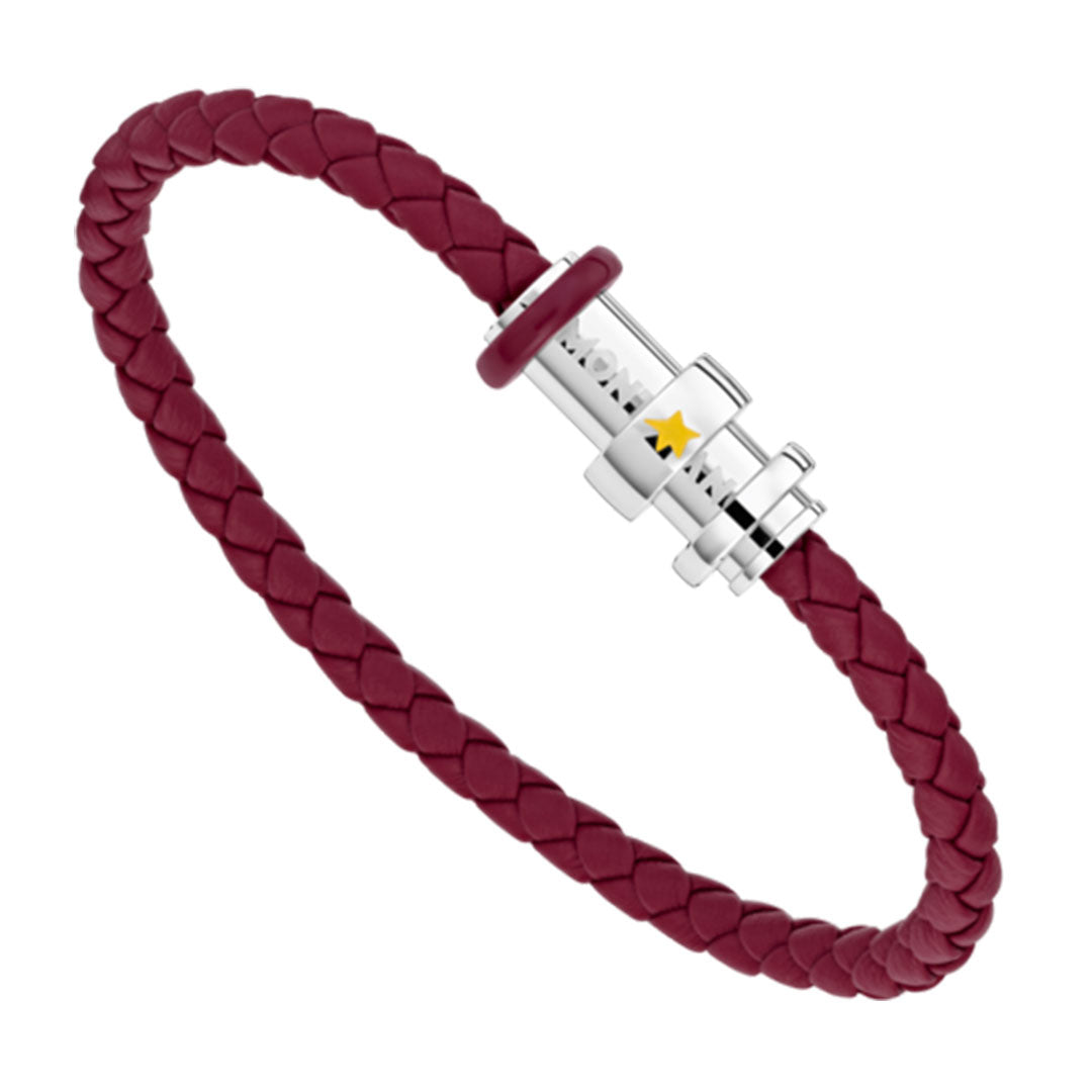 The Montblanc Le Petite Prince Y3 Leather And Steel Bracelet is crafted from woven leather in deep red, featuring a braided design and a silver clasp adorned with a delicate star motif.