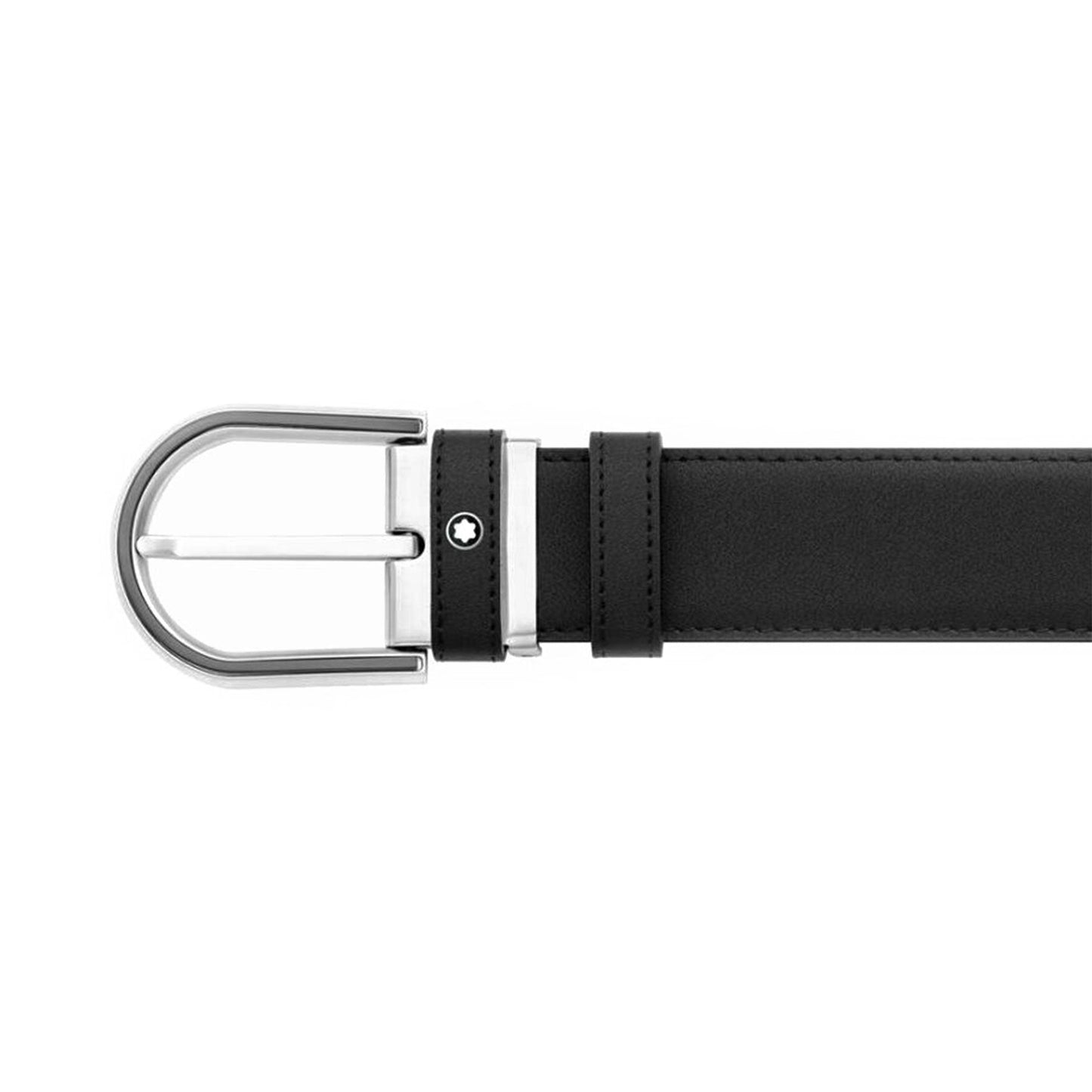 The Montblanc Leather Belt, crafted by Montblanc, features a black leather design with a silver buckle made of stainless steel. The sleek buckle boasts a polished finish and includes a small round detail on the leather near the buckle, all set against a white background.