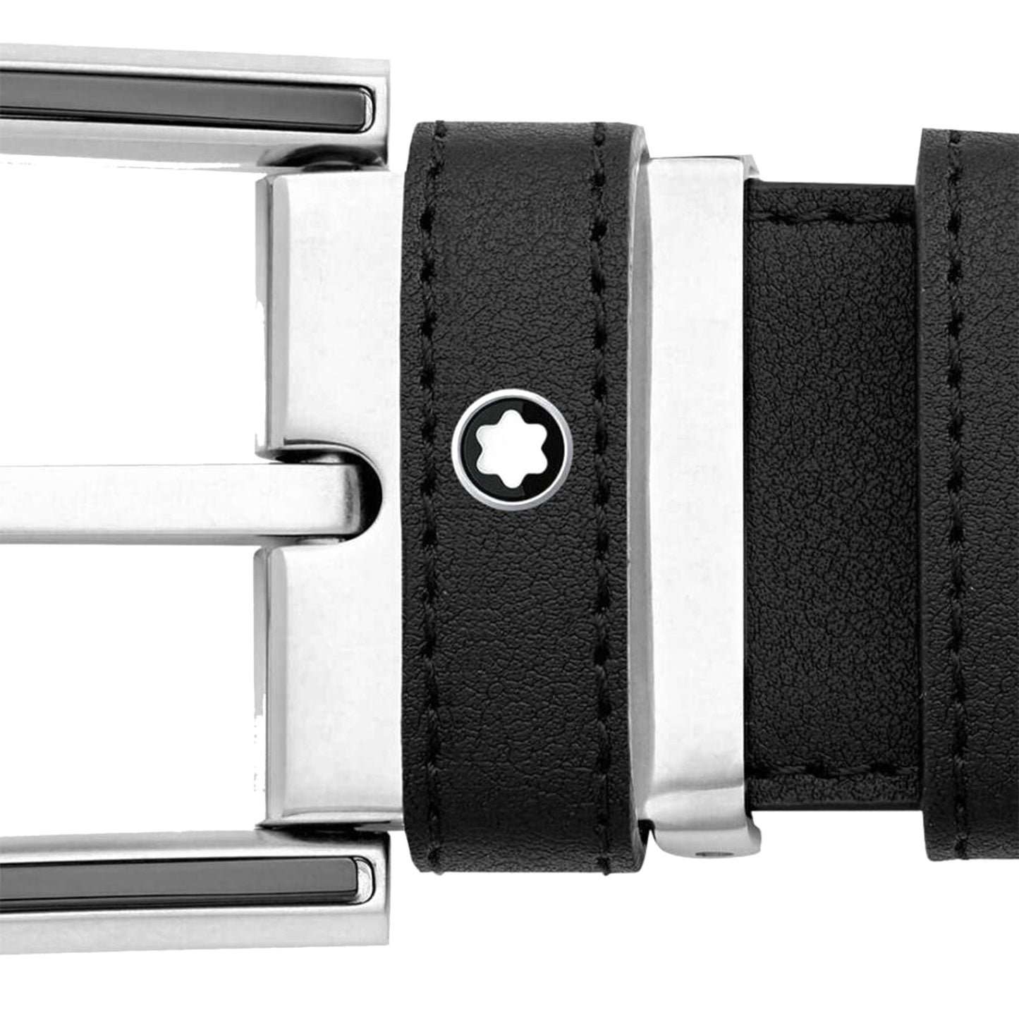 Detailed view of the Montblanc Leather Belt featuring a black PVD-coated leather strap and a shiny stainless steel buckle. Near the buckle, the brand’s small, round white star logo enclosed in a circle stands out against the pebbled texture.