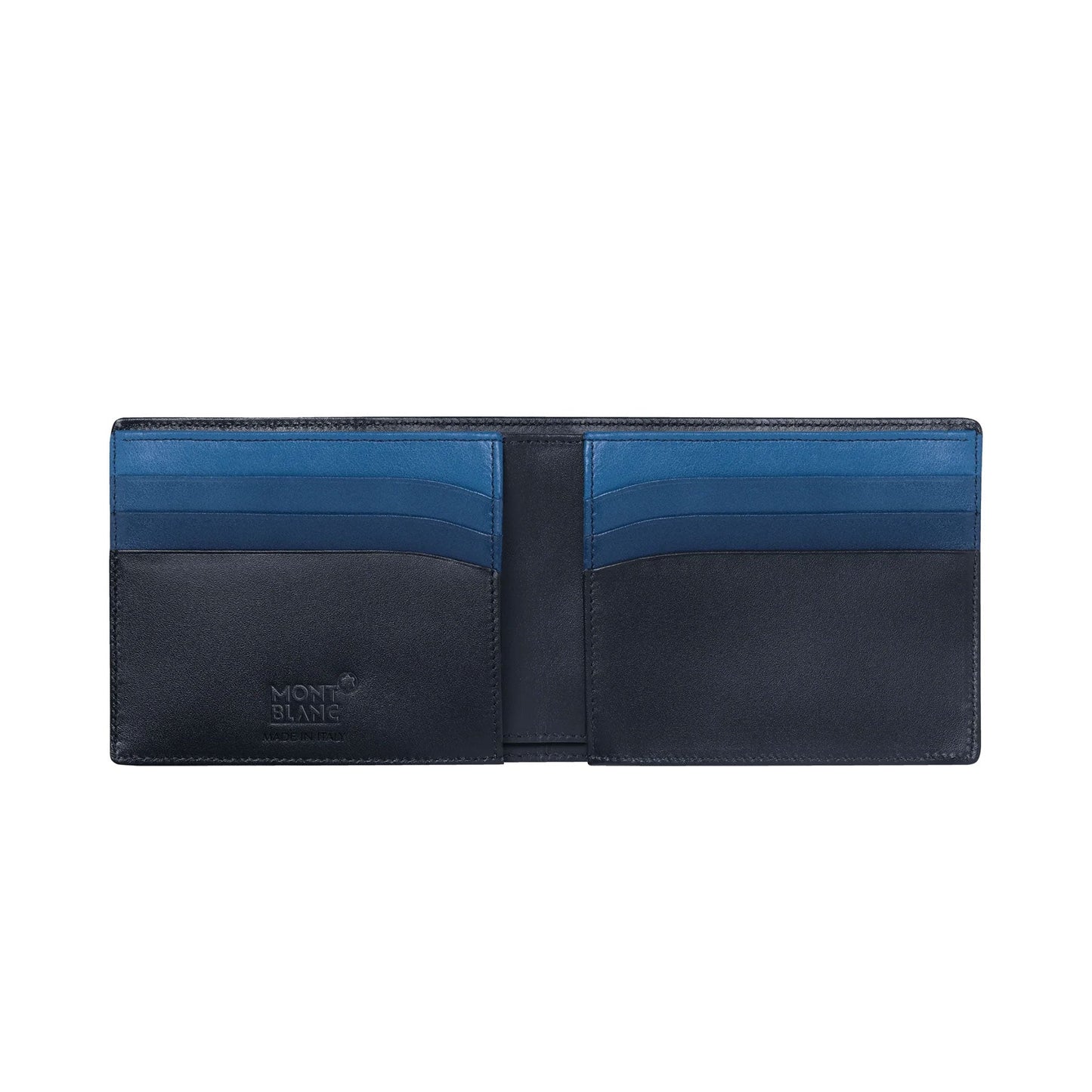 The Montblanc Meisterstück Leather Wallet 6cc showcases a sophisticated black leather exterior accented with blue leather details. When opened, it reveals several card slots lining both sides, with the Montblanc logo embossed on the left. The interior is meticulously arranged to elegantly accommodate essential items.