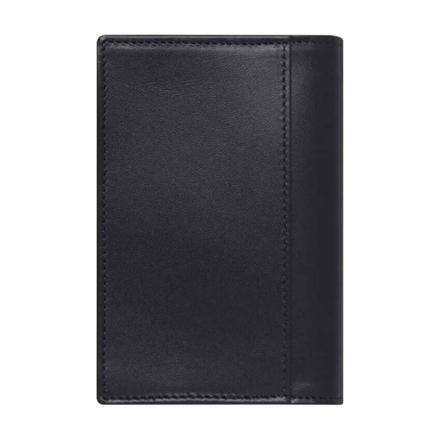 The Montblanc Meisterstuck Leather Business Card Holder presents a sleek black design made from high-quality leather. When viewed closed from above, its front panel is elegantly plain with a smooth texture and subtle stitching along the edges. Inside, it offers convenient slots for credit cards, embodying a minimalist and sophisticated style.