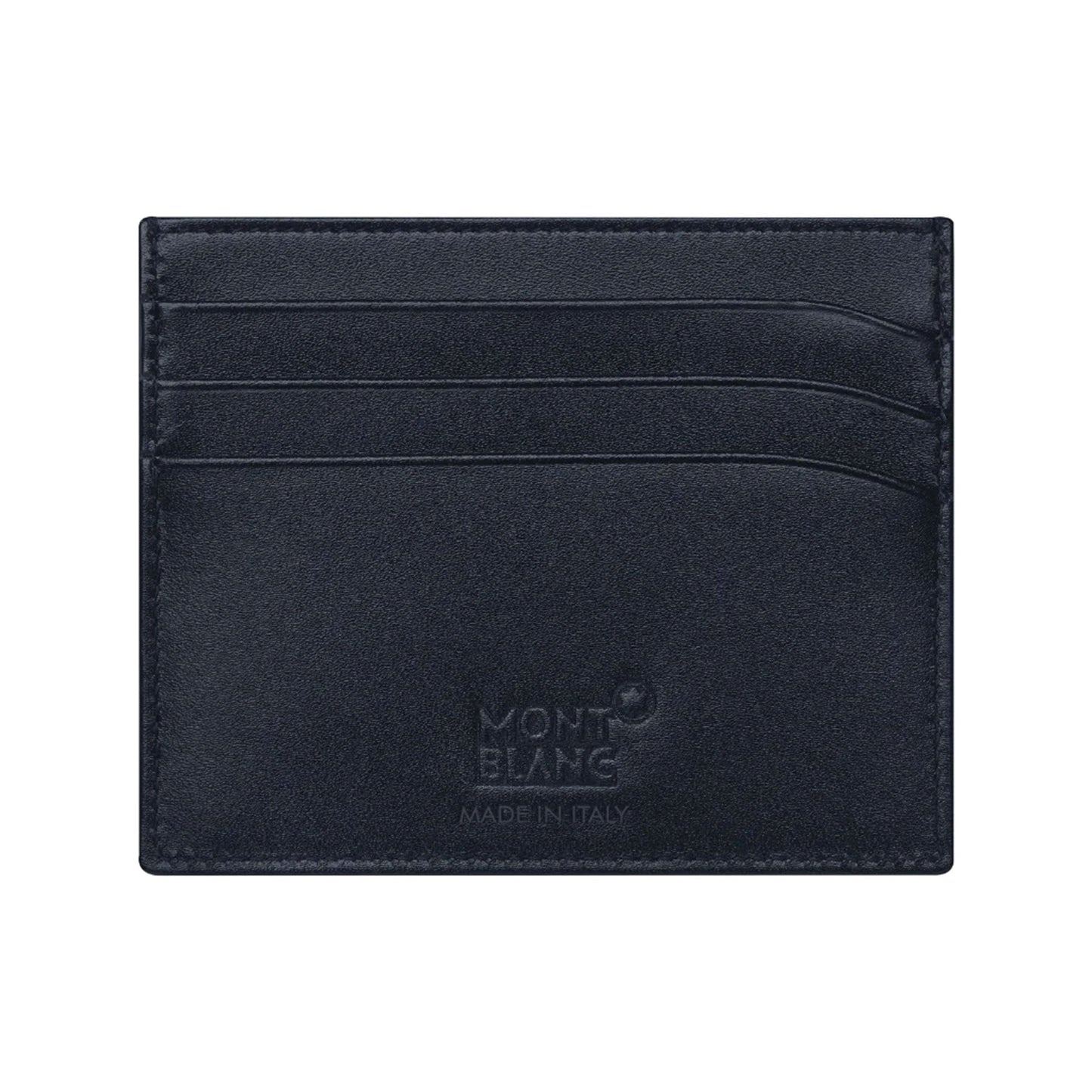 The Montblanc Meisterstuck Pocket 6cc Leather Card Holder is a black leather accessory with three credit card slots. The brand name, Montblanc, is elegantly embossed at the bottom along with "Made in Italy." This compact cardholder boasts a sleek and minimalist design, making it an ideal lightweight accessory for daily use.