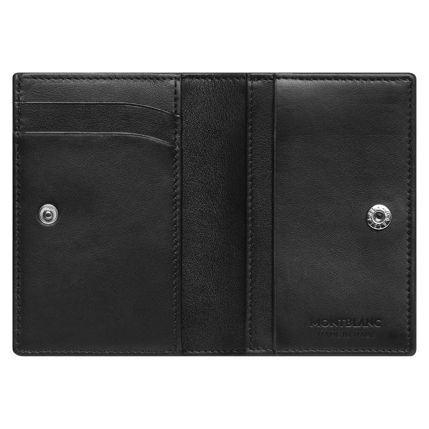 The Montblanc Meisterstuck Soft Grain Leather Business Card Holder with Bill Compartment, crafted from supple black leather, presents an open design with multiple card slots and a button closure. The interior is lined, showcasing understated branding in the bottom right corner along with a bill compartment. Photographed on a plain white background, this Montblanc creation is both fashionable and functional.