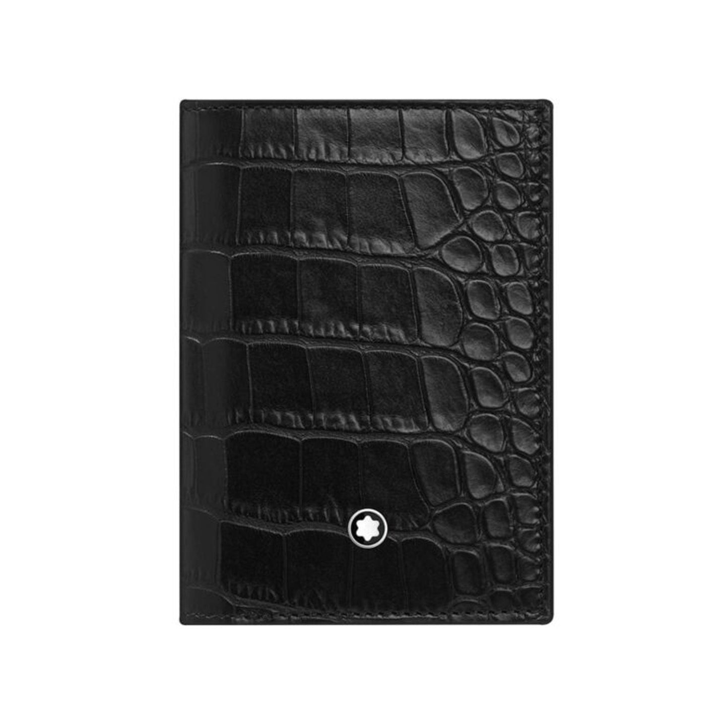The Montblanc Black Alligator Print Leather Meisterstuck Business Card Holder showcases an elegant small white star emblem centrally placed. Displayed vertically on a plain white background, this exquisite piece discreetly conceals multiple credit card slots.