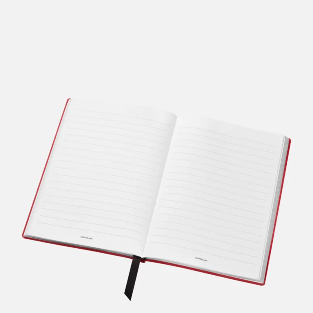 Montblanc Great Characters Enzo Ferrari Small Notebook #146 features a red hardcover design with lined pages and a black ribbon bookmark, all set against a plain white background. Crafted in Italy by Montblanc.