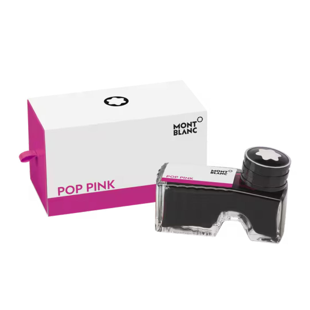 A 60ml Montblanc Ink Bottle in Pink stands beside its white and pink box. The clear bottle, topped with a black cap bearing the Montblanc logo, brings vibrant color to any writing collection.