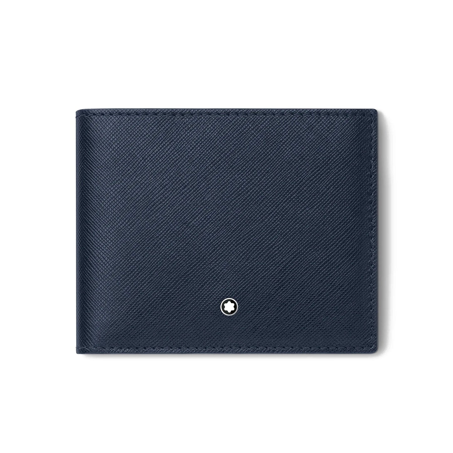 This refined piece, the Montblanc Sartorial Leather Wallet 6cc, is crafted from elegant navy blue leather and features a minimalist design. Part of the esteemed Montblanc brand, it boasts a small white emblem at the bottom center. Pictured closed against a plain white background, it exudes sophistication.