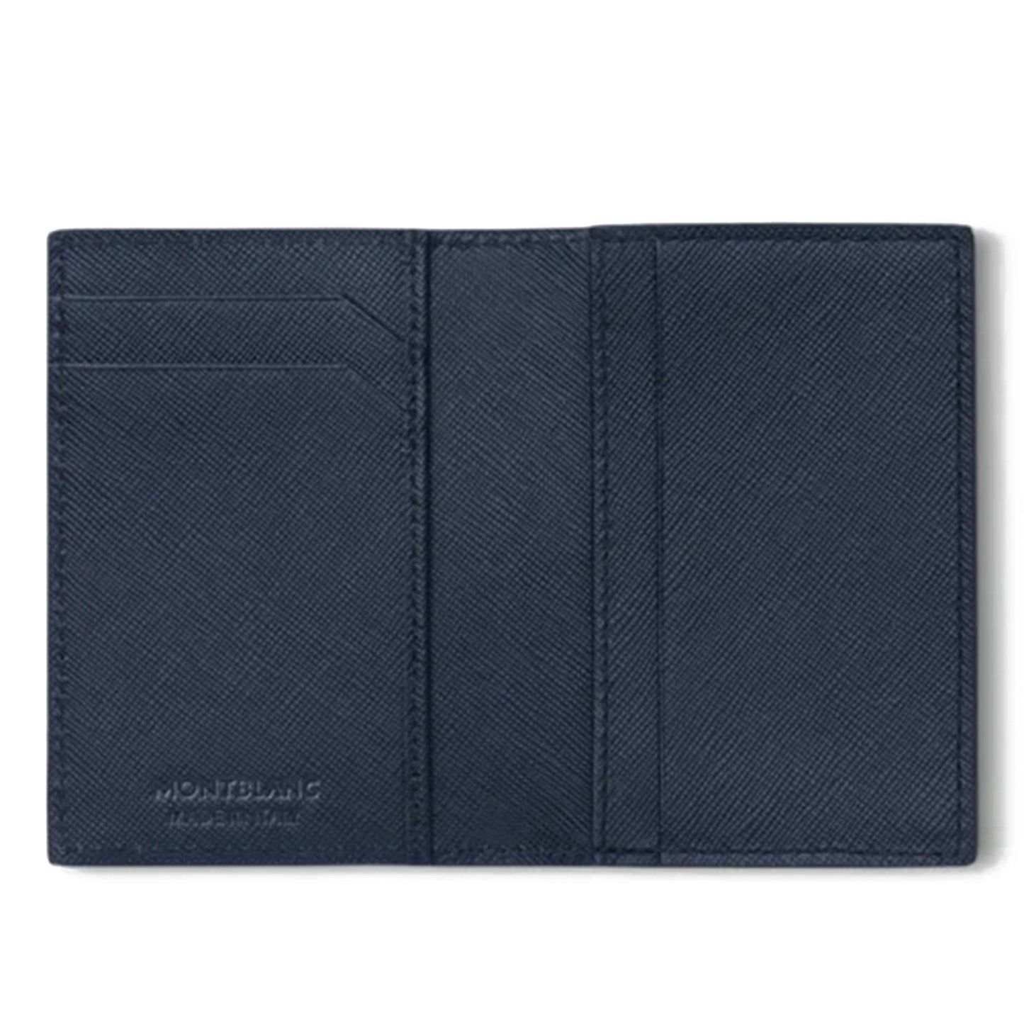 The Montblanc Sartorial Leather Business Card Holder features multiple card slots and a subtle textured pattern inside, with the Montblanc branding embossed in the lower left corner.