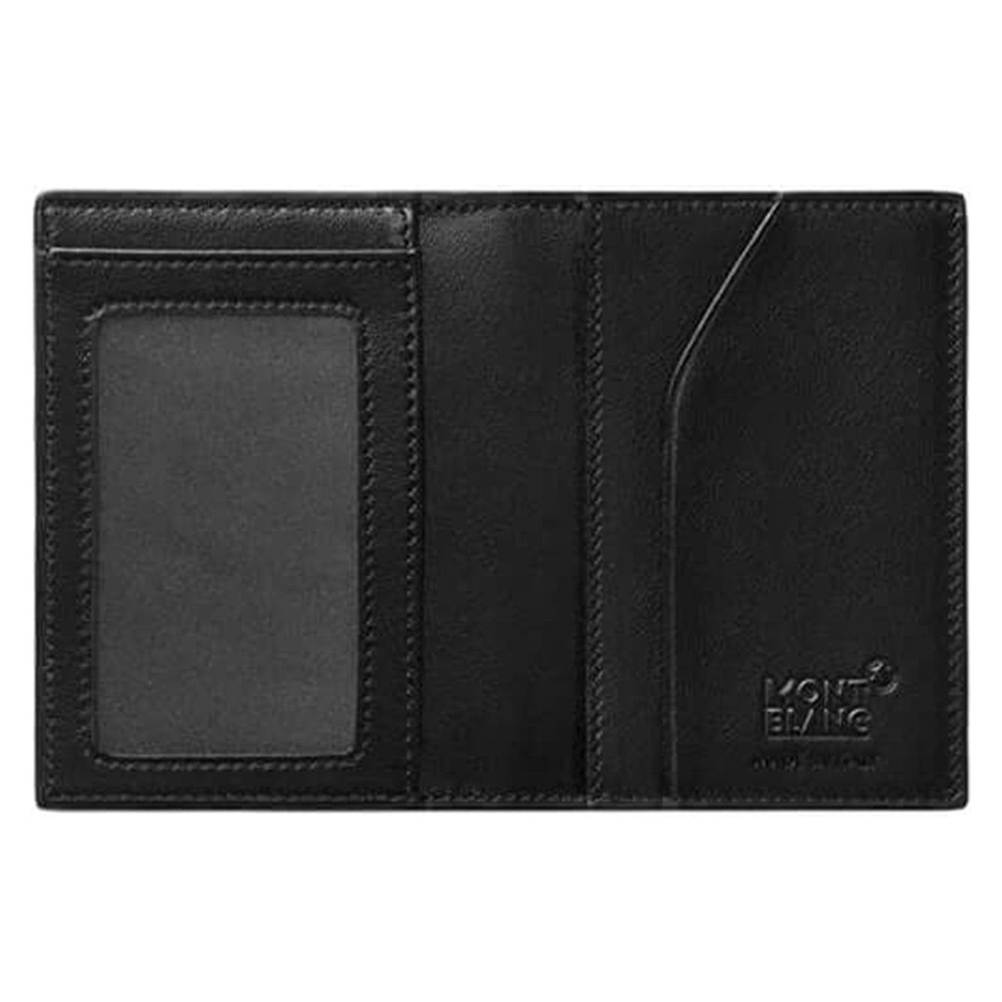 The Montblanc Extreme 2.0 Leather Business Card Holder showcases a black leather exterior with an ID window on the left and two card slots on the right, enhanced by Montblanc's shield technology. The sleek design is completed with the iconic Montblanc logo embossed at the bottom right corner.