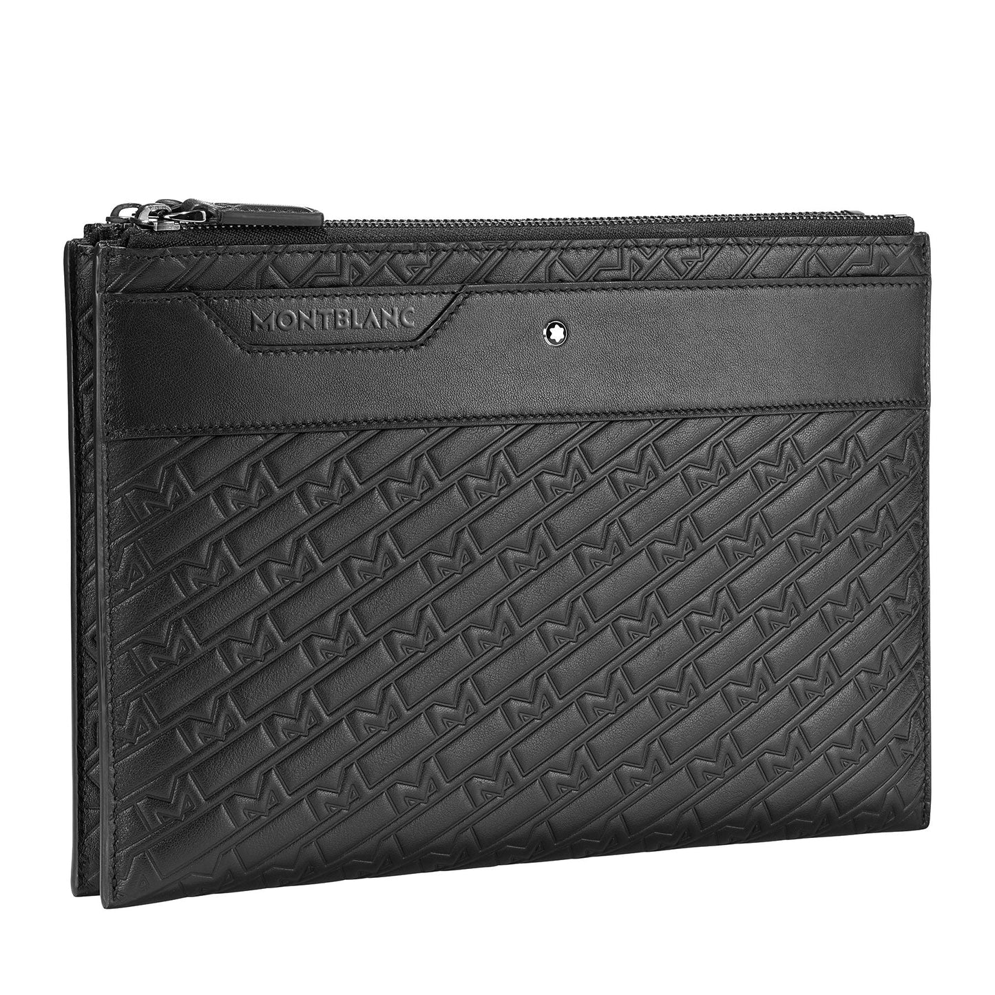 The Montblanc M-Gram Leather Clutch Bag features a black design with a textured diagonal pattern and a zipper closure. The brandโs logo and name are embossed on the top left corner, providing an elegant touch. Style Number 128621 exudes sophistication suitable for any occasion.