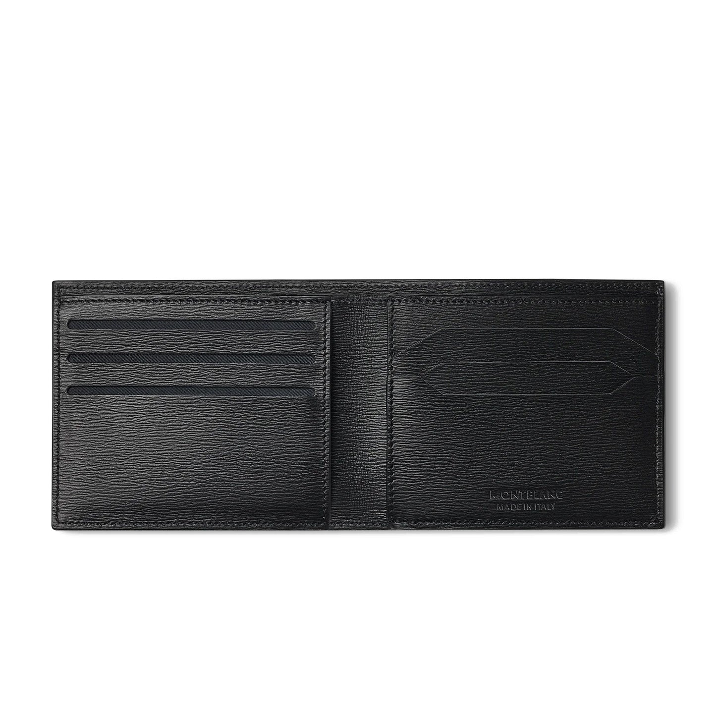 The Montblanc Meisterstück 4810 Leather Wallet 6cc, crafted by Montblanc, is displayed open with multiple card slots on the left and a pocket on the right. It boasts a smooth texture with a subtle grain and has "Made in Italy" embossed on the right side.