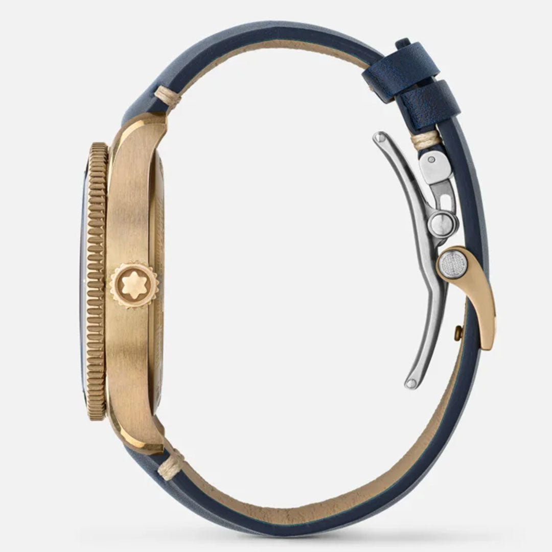 A side view of the Montblanc1858 Geosphere 0 Oxygen The 8000 Automatic 42mm Watch Limited Edition from Montblanc showcases a blue leather strap and a brass case. The crown is adorned with a star emblem. Visible details include the buckle clasp and buttons for precise time adjustments, all contributing to its sleek, modern design that embodies timeless elegance.