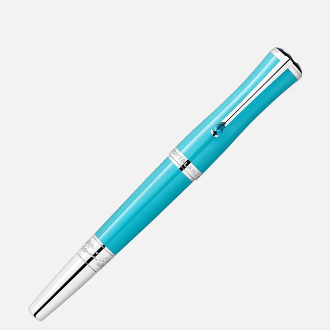 The Montblanc Muses Maria Callas Special Edition Rollerball Pen, inspired by the renowned collection, features silver accents with a gently curved barrel and a glossy clip. This pen showcases intricate detailing and a polished finish, embodying timeless elegance.