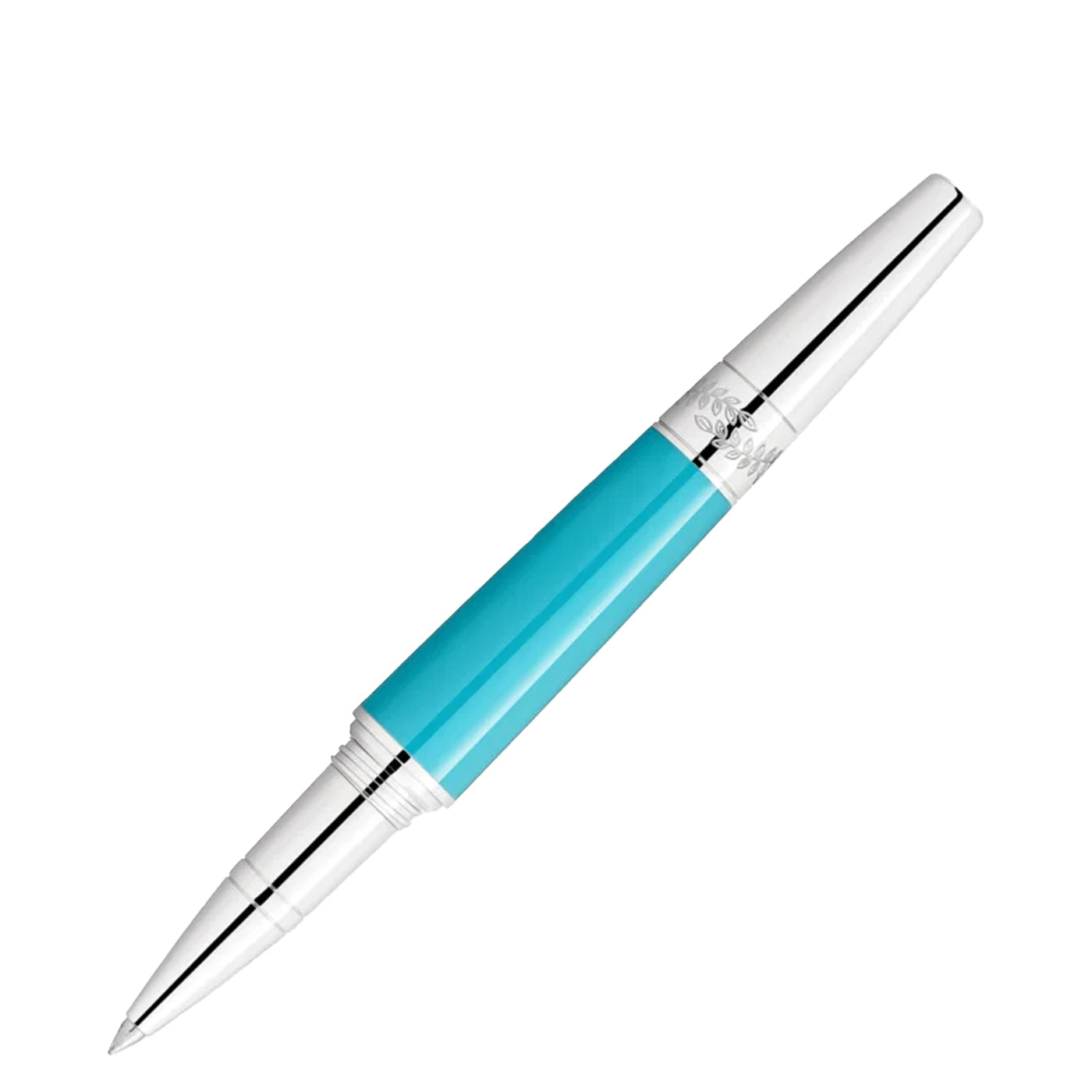 A polished turquoise and silver pen from the Montblanc Muses Maira Callas Special Edition Rollerball collection showcases a lustrous cap and clip. Evoking the elegance of an operatic diva, this Montblanc creation is positioned horizontally against a plain white background.