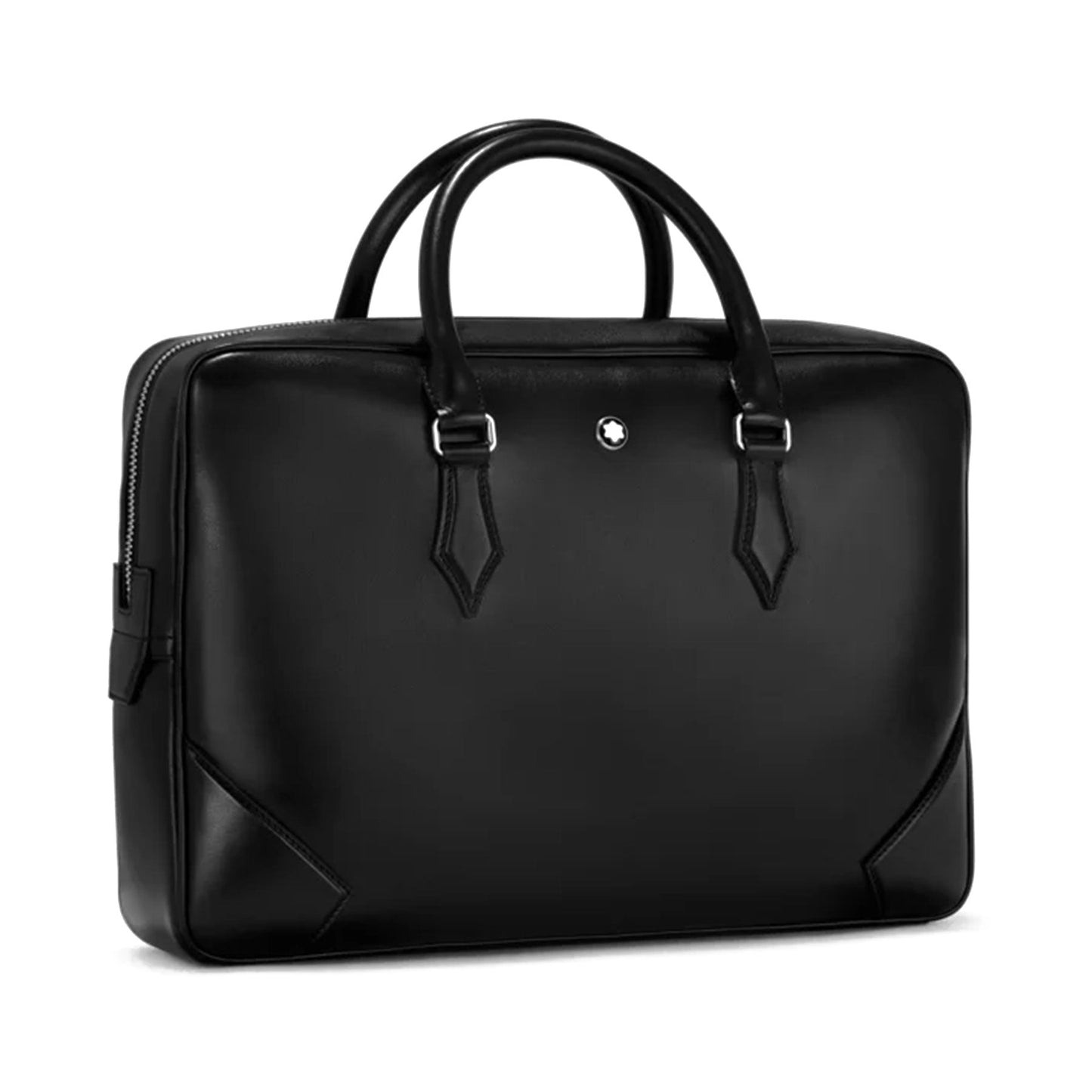 The Montblanc Meisterstück Black Leather Document Case is a sleek black leather briefcase with two sturdy handles and a subtle logo near the top center. The minimalist design, style number 129664, features no external pockets or embellishments, offering an elegant yet practical accessory.
