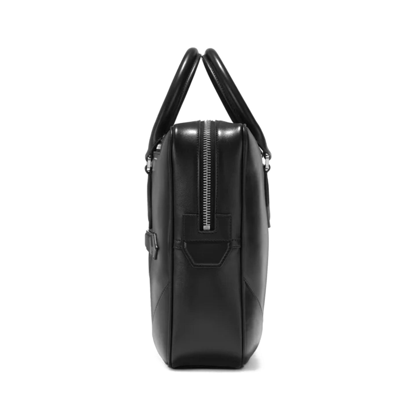 Side view of the Montblanc Meisterstück Black Leather Document Case, featuring a sleek black leather design with a top handle and zipper closure.