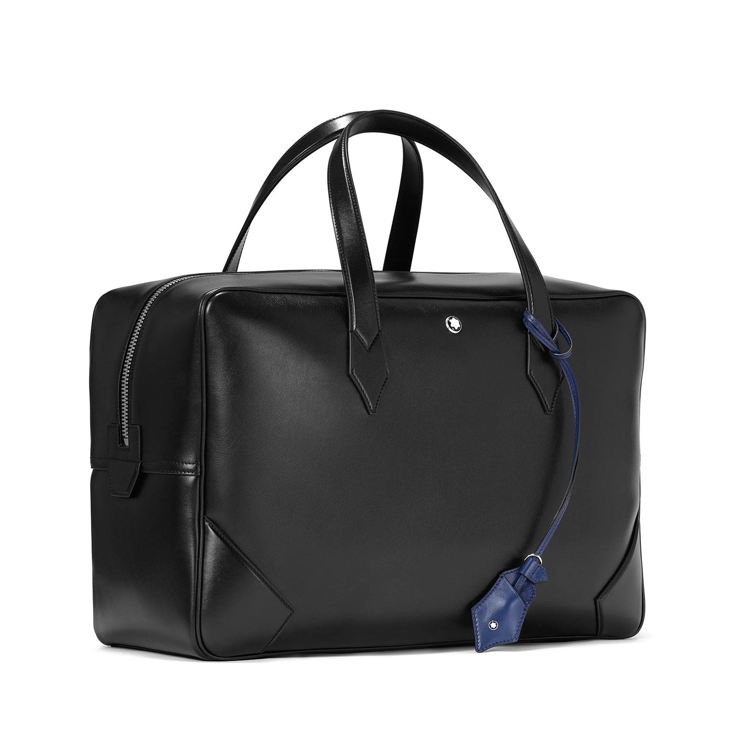 The Montblanc Meisterstuck Leather Duffle Bag, Style Number 129666, features a sleek black leather design with double handles and a blue luggage tag. It boasts structured edges and a top zipper closure, offering both sophistication and modern style.
