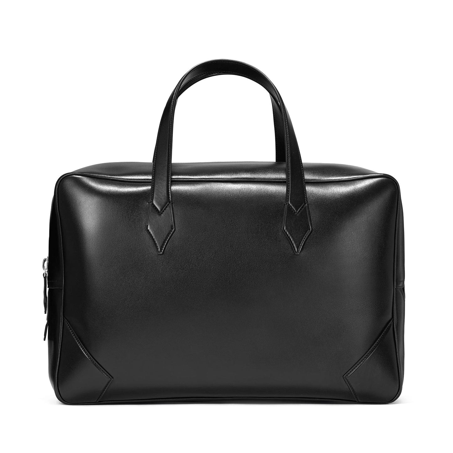 A Montblanc Meisterstuck Leather Duffle Bag in black leather, equipped with two handles, showcasing a minimalist design with subtle stitching at the corners. Style Number 129666, it is elegantly presented against a plain white background.