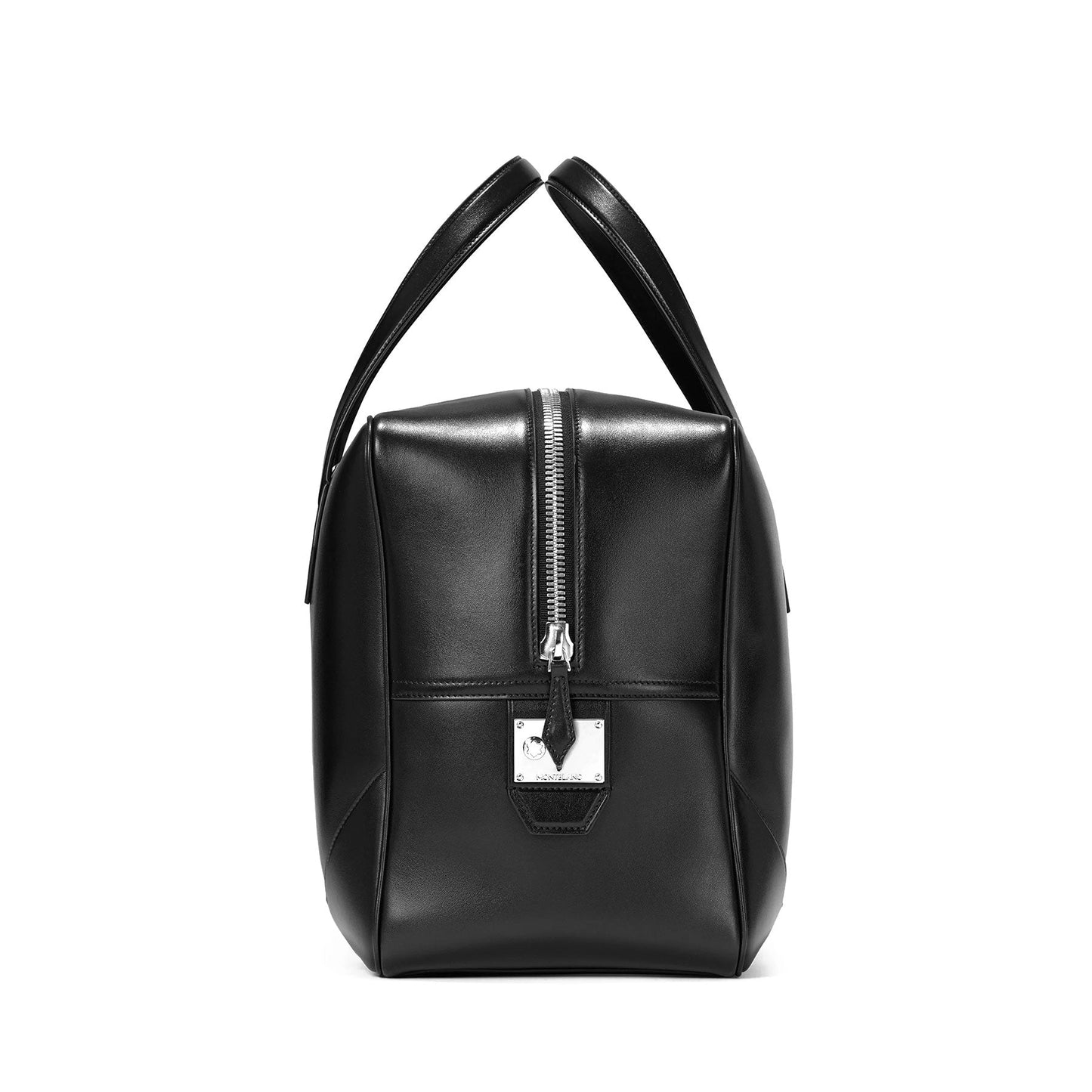 A stylish black leather duffle bag, known as the Montblanc Meisterstuck Leather Duffle Bag, features two parallel handles and a front zip closure. It showcases a minimalistic yet modern design with a small metal plaque on the front, reflecting Montblanc's signature elegance.