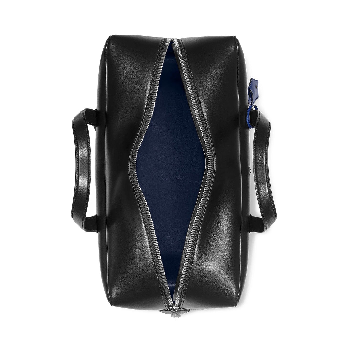 An overhead look at the sophisticated Montblanc Meisterstuck Leather Duffle Bag reveals sleek black leather with silver zippers. Inside, the dark blue fabric lining adds a touch of elegance, complemented by robust black handles on both sides. This piece is ideal for classy travel requirements and is authenticated by Style Number 129666, promising exceptional quality.