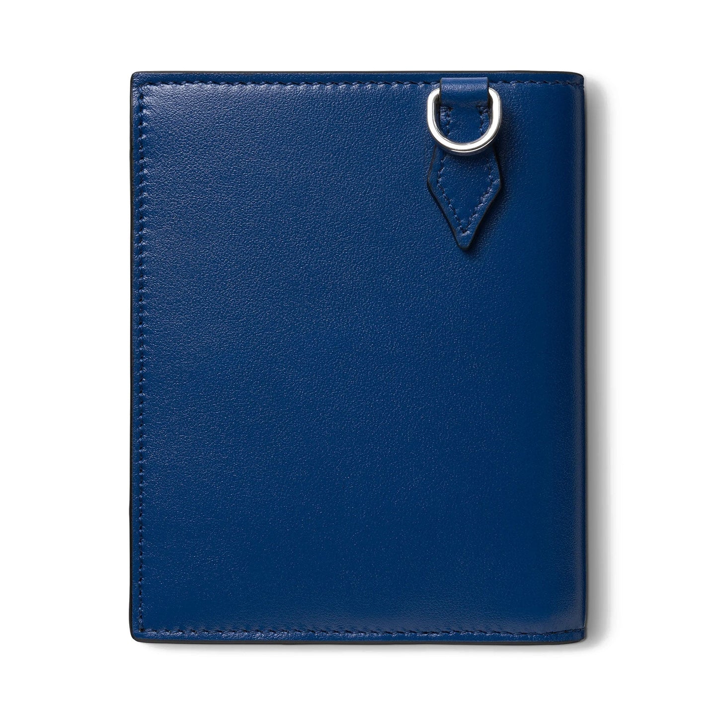 The Montblanc Meisterstuck Compact Leather Wallet 6cc is a closed, blue leather creation with a smooth cover. Identified by style number 129678, it features a small leather tab adorned with a silver ring in the top right corner, exuding the refined elegance of a compact wallet. The product is displayed against a plain white background.