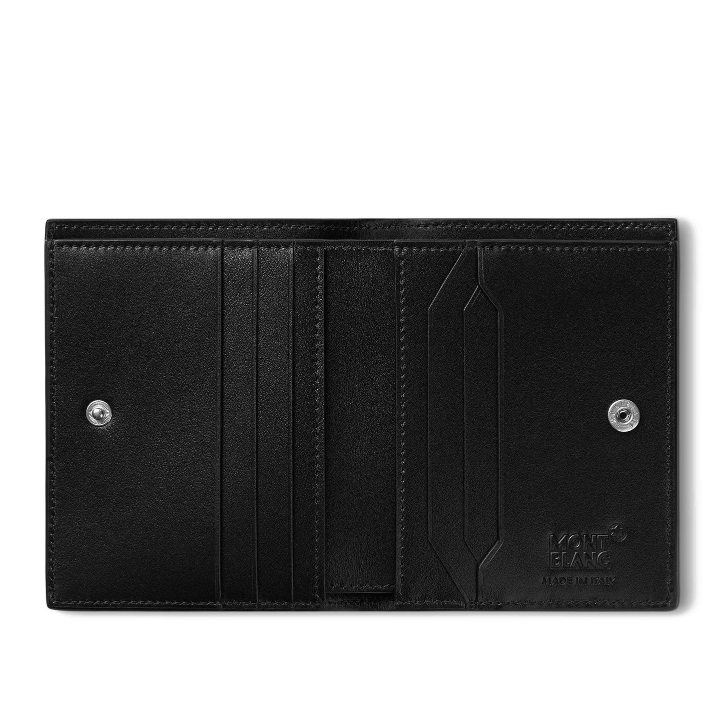 A black leather cardholder, similar to the Montblanc Meisterstück Compact Leather Wallet 6cc, offers multiple card slots and a button snap closure. The Montblanc brand name is elegantly embossed on the right side.