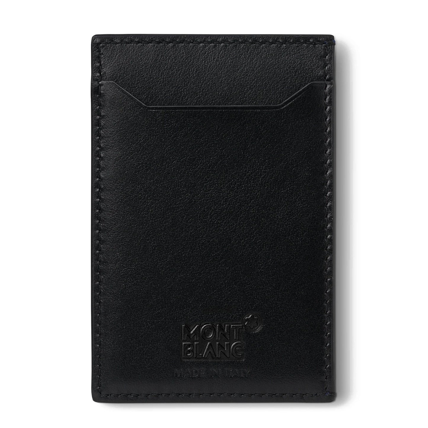 The Montblanc Meisterstück Black Leather Pocket 3CC Card Holder showcases elegant craftsmanship with precise stitching along the edges, complemented by a subtle "Montblanc Made in Italy" embossment at the bottom. This card holder embodies timeless sophistication, much like Model 129683.