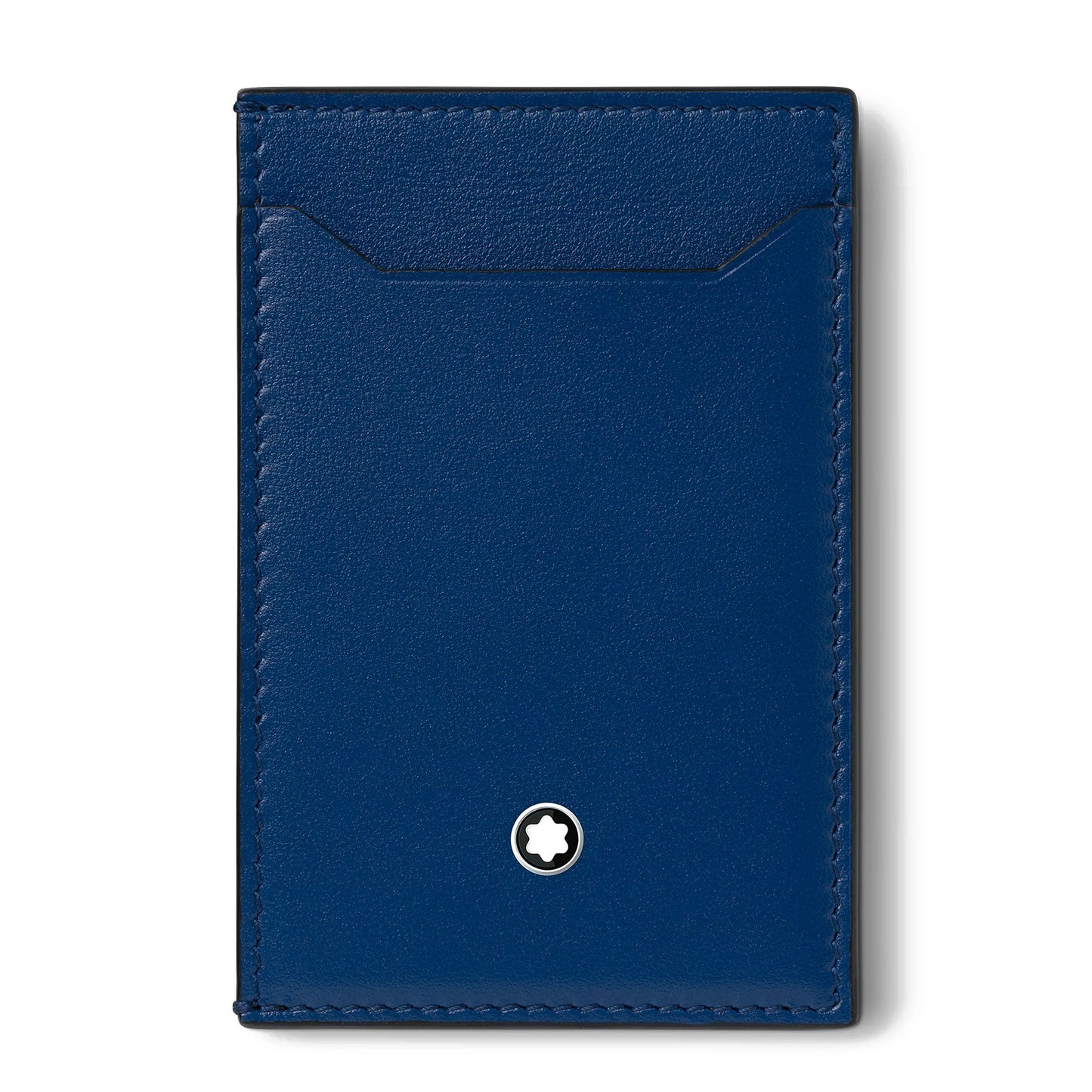 Introducing the Montblanc Meisterstück Blue Leather Pocket 3CC Card Holder, a sophisticated accessory crafted by Montblanc with a minimalist design. This sleek card holder in dark blue leather showcases a small, circular emblem near the bottom center and has visible stitching around the edges. Perfect for slipping into any blue pocket, this stylish accessory combines elegance and functionality effortlessly.