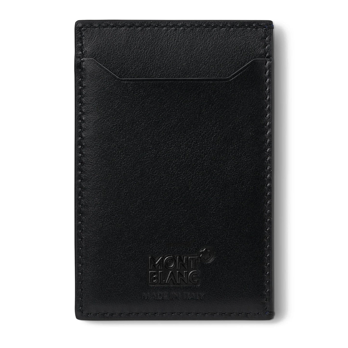 The Montblanc Meisterstück Blue Leather Pocket 3CC Card Holder showcases a black leather construction with minimalist stitching and the iconic Montblanc logo embossed at the bottom. Crafted meticulously in Italy, its sleek design is ideal for effortlessly fitting into any Blue Pocket, providing both style and convenience on the go.