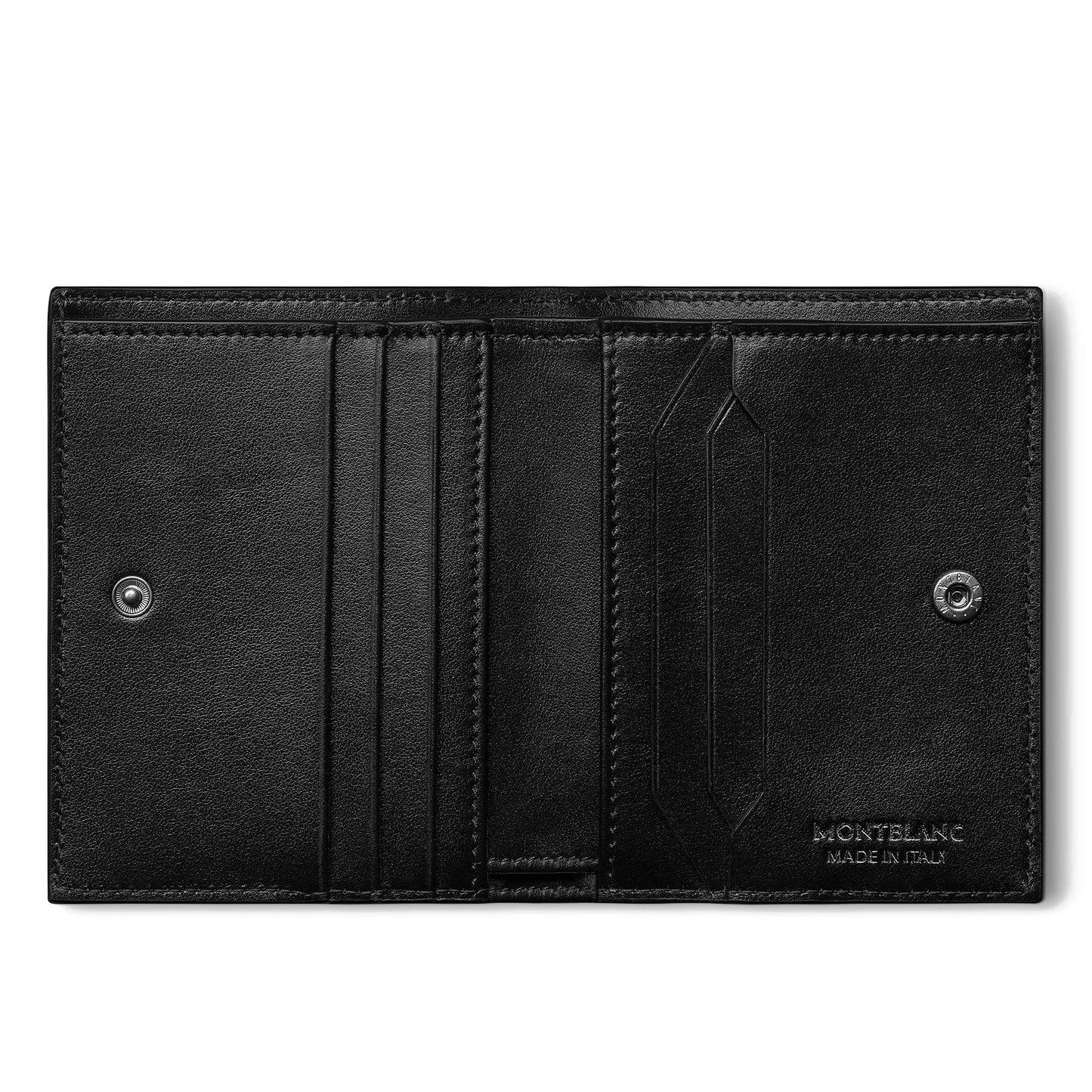 A Montblanc Extreme 3.0 Compact Leather Wallet 6cc in black leather is displayed against a simple white background. It includes several card slots and compartments and has a discreet embossed logo that reads "Montblanc Made in Italy.