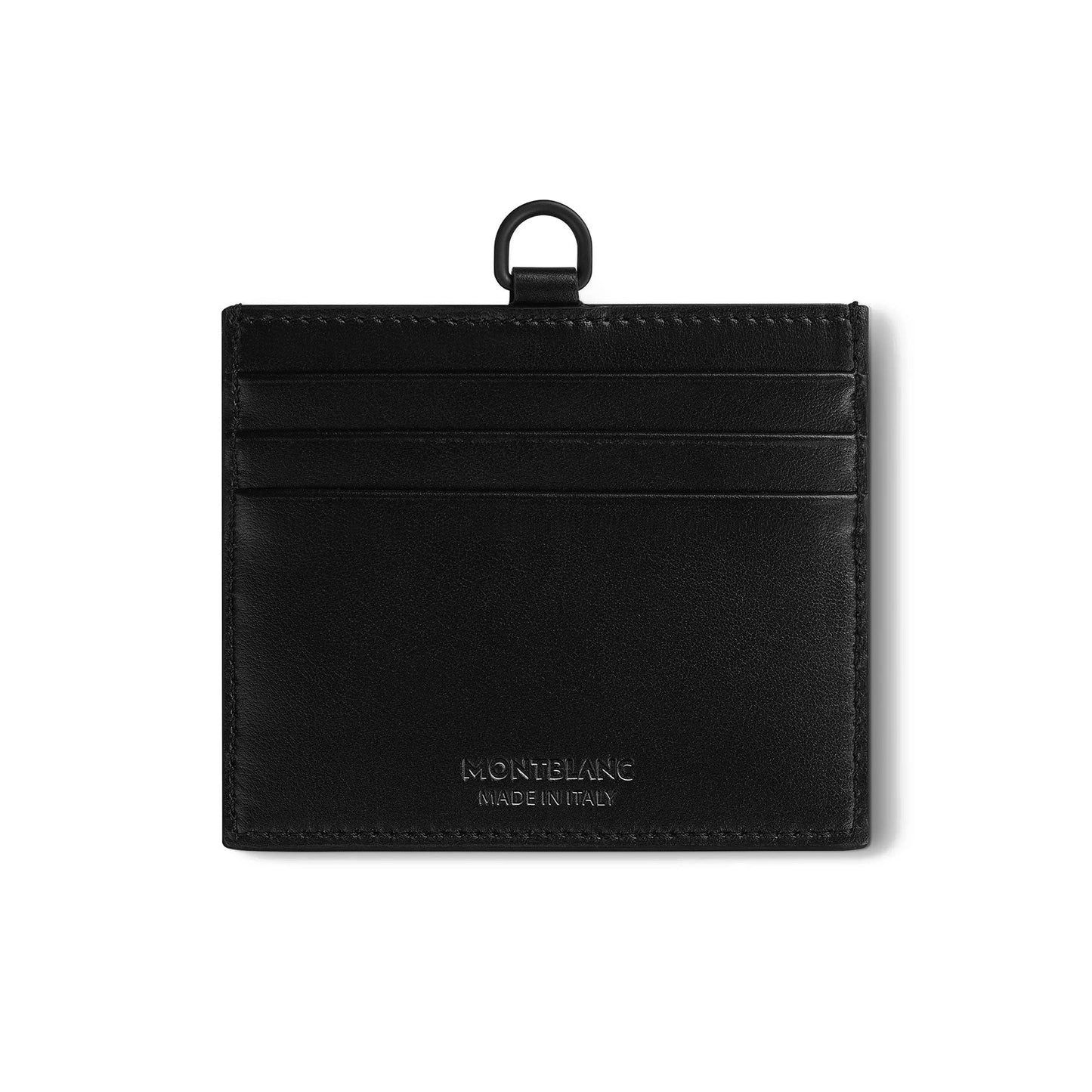 A stylish and minimalist black leather cardholder from Montblanc, featuring multiple slots and a small loop at the top. The words "MONTBLANC" and "MADE IN ITALY" are embossed on the front, highlighting its elegance and functionality. This exquisite piece is known as the Montblanc Extreme 3.0 Leather Card Holder 6cc, Style Number 129979.