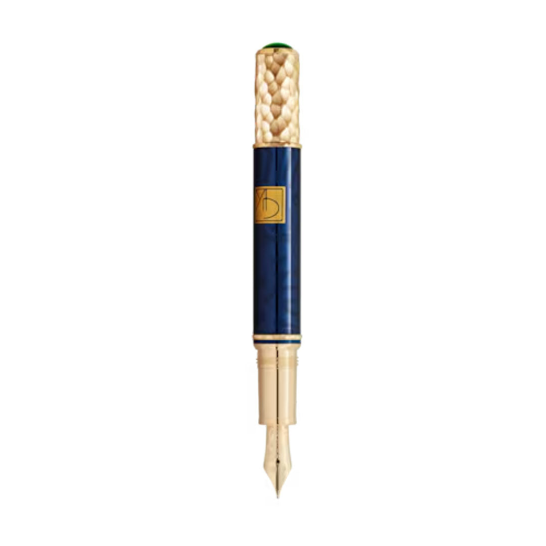 The Montblanc Masters Of Art Homage To Gustav Klimt Limited Edition Fountain Pen is an exquisite writing instrument, drawing inspiration from the Vienna Secession with its blue and gold body. The cap is adorned with a detailed textured design and topped with a small green gem, while the gold-colored nib enhances its luxurious appeal, showcasing the craftsmanship Montblanc is renowned for.