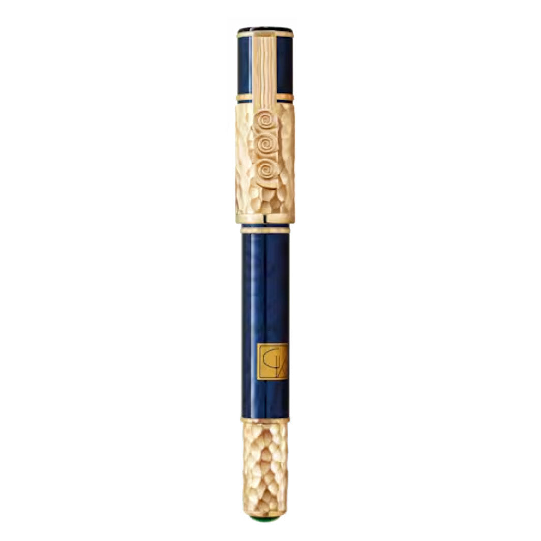 This exquisite Montblanc Masters Of Art Homage To Gustav Klimt Limited Edition Fountain Pen features a carved cap and base with intricate Vienna Secession patterns and a deep blue barrel, reminiscent of the luxurious designs by Montblanc. Gold accents, including the stylish clip and decorative elements on the cap, add an artistic touch inspired by Gustav Klimt.
