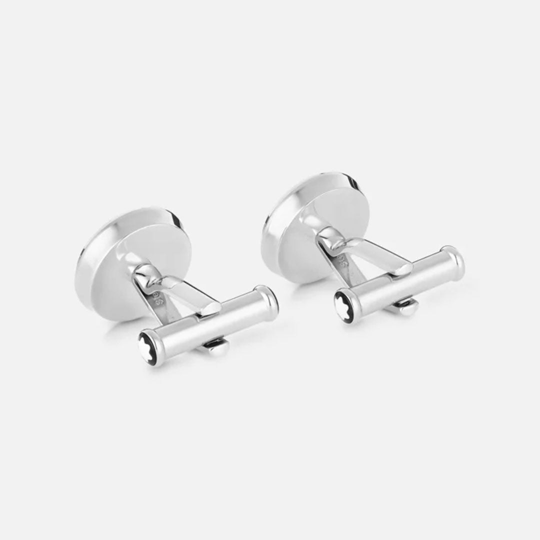A pair of sleek Montblanc Homage to Vincent Van Gogh cufflinks with a minimalist design, set against a plain white background. These collectible gifts feature a cylindrical bar connected to a round backing, making them an elegant choice for any occasion.