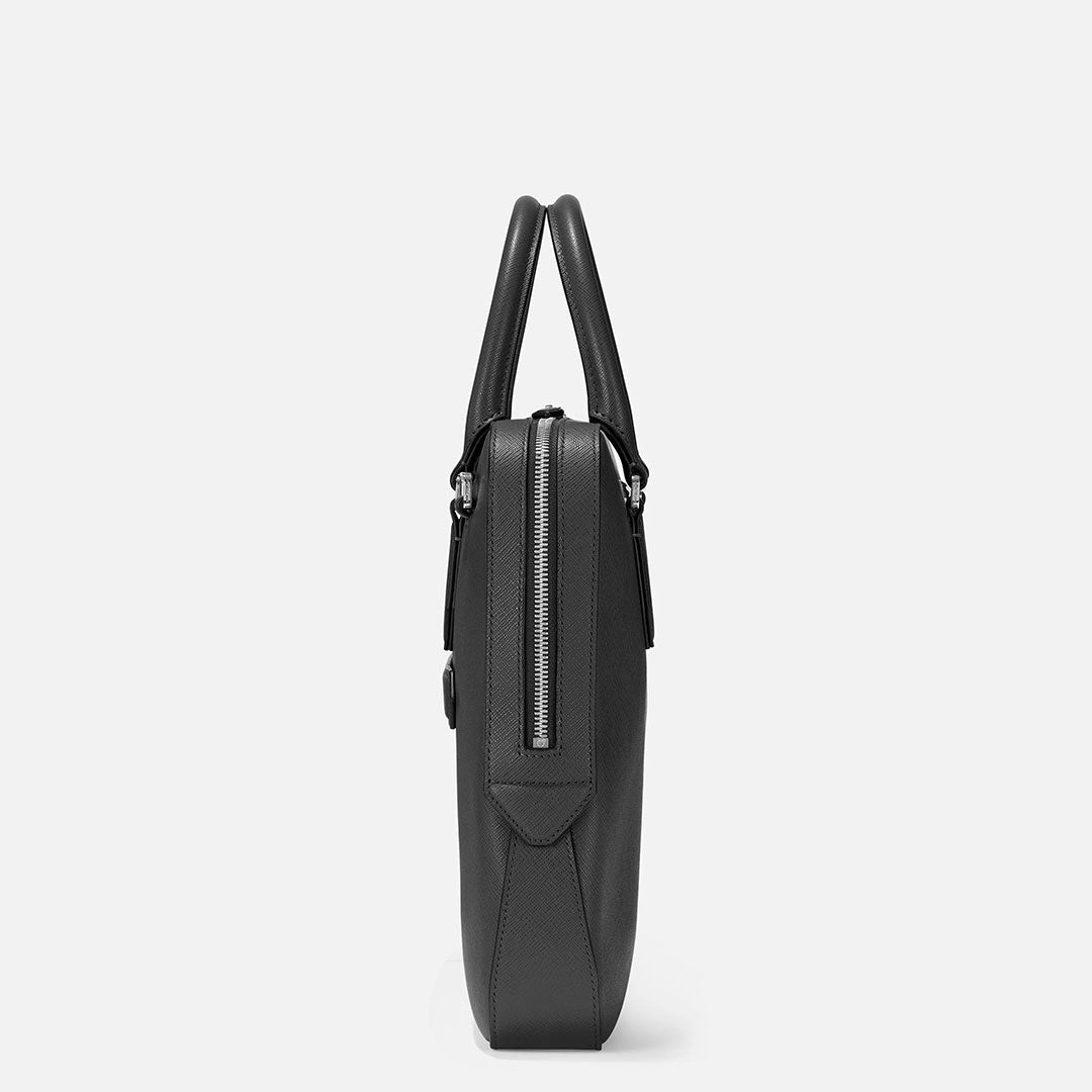 Side view of the Montblanc Sartorial Thin Leather Document Case Bag in black, featuring two handles and a top zipper, set against a plain light gray background.