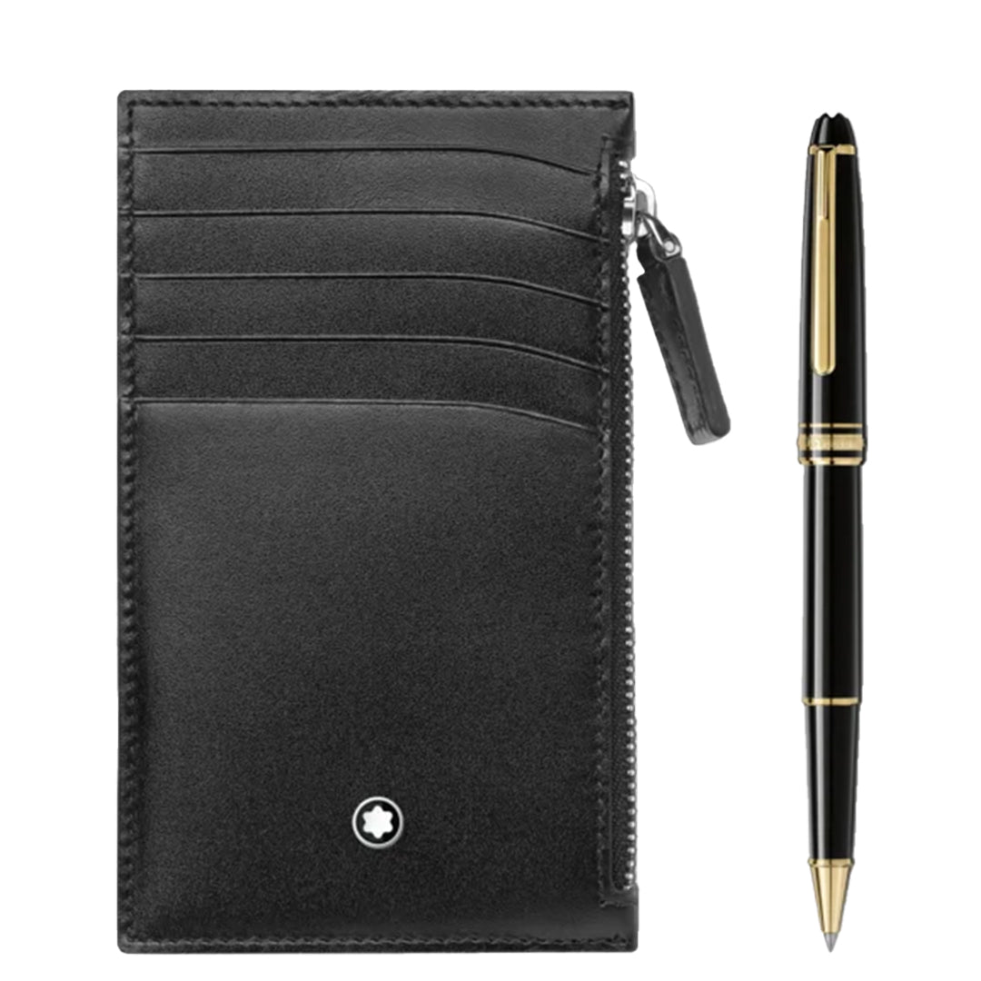 A black leather cardholder with a zip pocket and round logo complements the Montblanc Meisterstuck Classique rollerball pen, highlighting its sleek black and gold design.