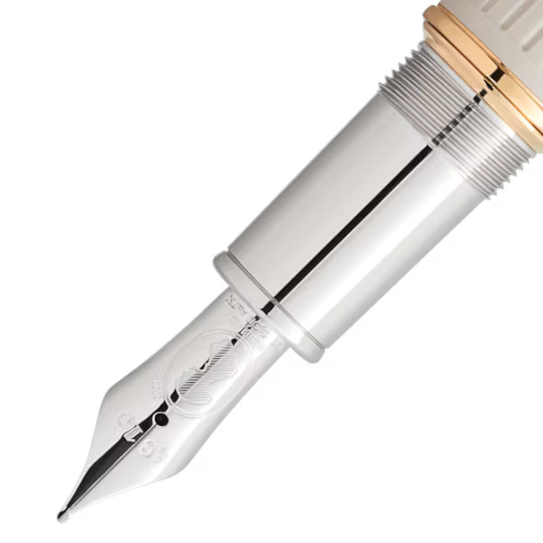 Close-up of the Montblanc Writers Edition Homage to Jane Austen Limited Edition fountain pen's nib, showcasing an intricate design and metallic finish. The nib tapers to a fine point, echoing the precision craftsmanship admired in the Regency era.