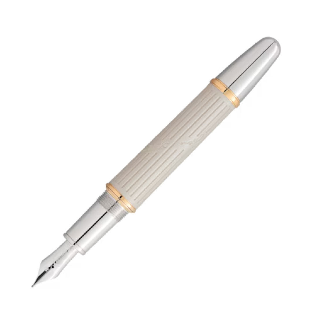The Montblanc Writers Edition Homage to Jane Austen Limited Edition Fountain Pen is a luxury writing instrument featuring a silver cap and a cream-colored, ribbed barrel, capturing the elegant style of the Regency era. It is adorned with gold accents and boasts a pointed silver nib, set against a white background.