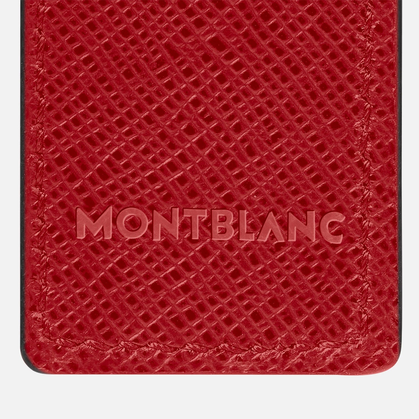 The Montblanc Sartorial Red Leather Pen Pouch features a red textured full-grain leather surface with an envelope silhouette and an embossed brand logo at the bottom.