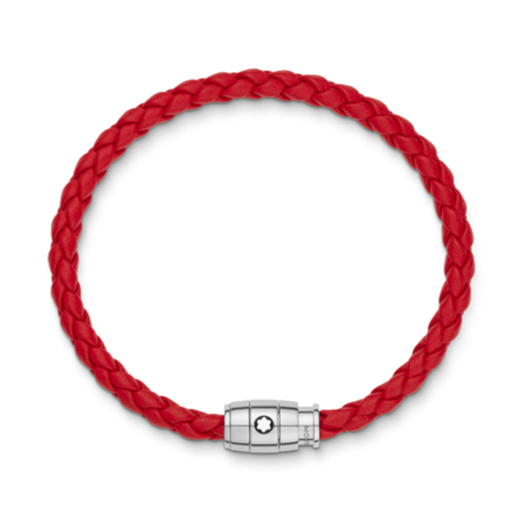 A Montblanc 3 Rings Closing Red Leather Bracelet, featuring a round, braided design with a polished stainless steel clasp adorned with the iconic Montblanc emblem.