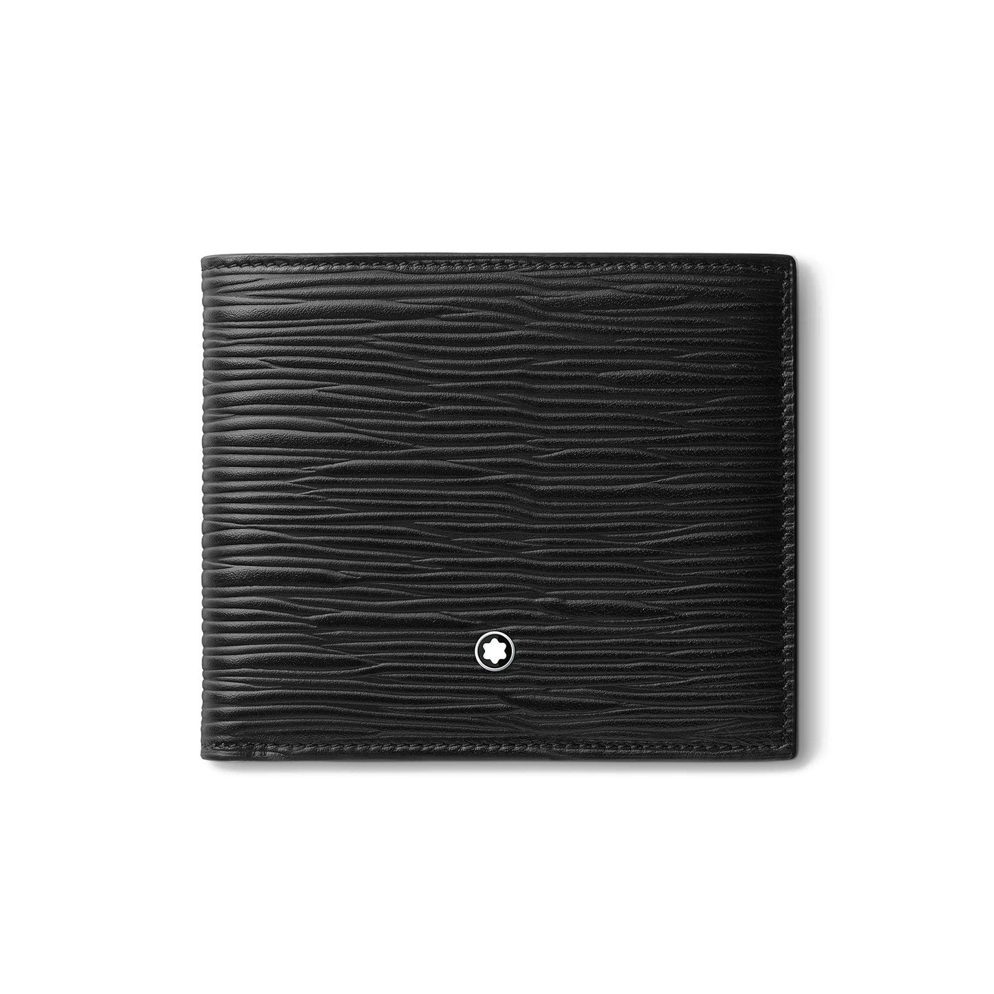 The Montblanc Meisterstück 4810 8CC Black Leather Wallet, made from premium materials, features a textured wavy design and is adorned with the iconic Montblanc emblem at the bottom center. It is shown closed against a simple white backdrop.