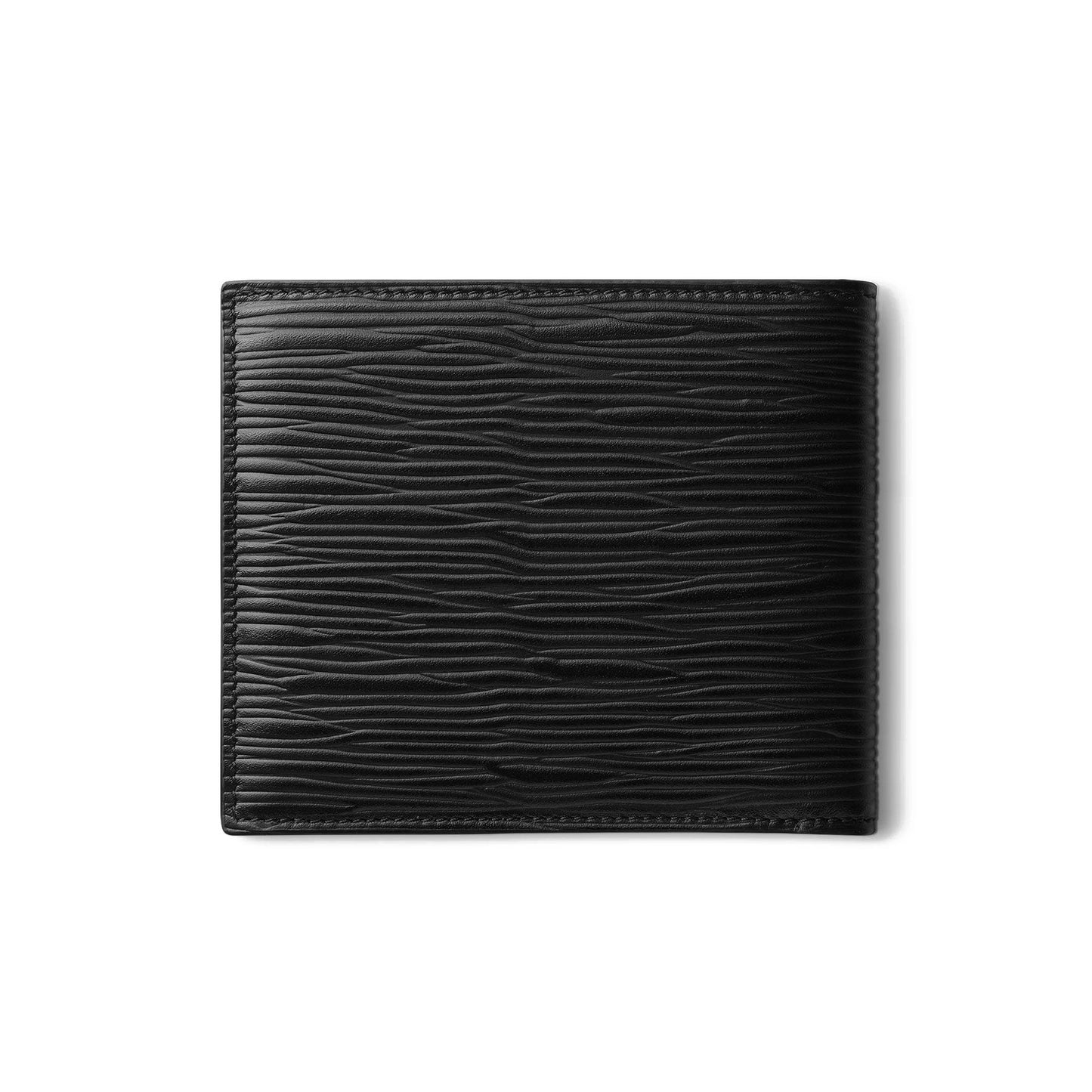 Displayed against a white background is the Montblanc Meisterstück 4810 8CC Black Leather Wallet, showcasing a sleek design with a textured wave-like pattern. This minimalist piece features ample credit card slots and prominently bears the iconic Montblanc emblem.