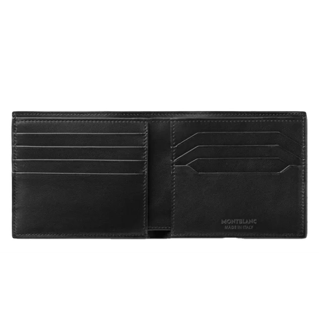 Discover the Montblanc Meisterstück 4810 8CC Black Leather Wallet, offering multiple credit card slots on each side. The interior is elegantly embossed with "Montblanc Made in Italy" and adorned with the iconic Montblanc emblem on the lower right, delivering a simple yet sophisticated design ideal for discerning customers.