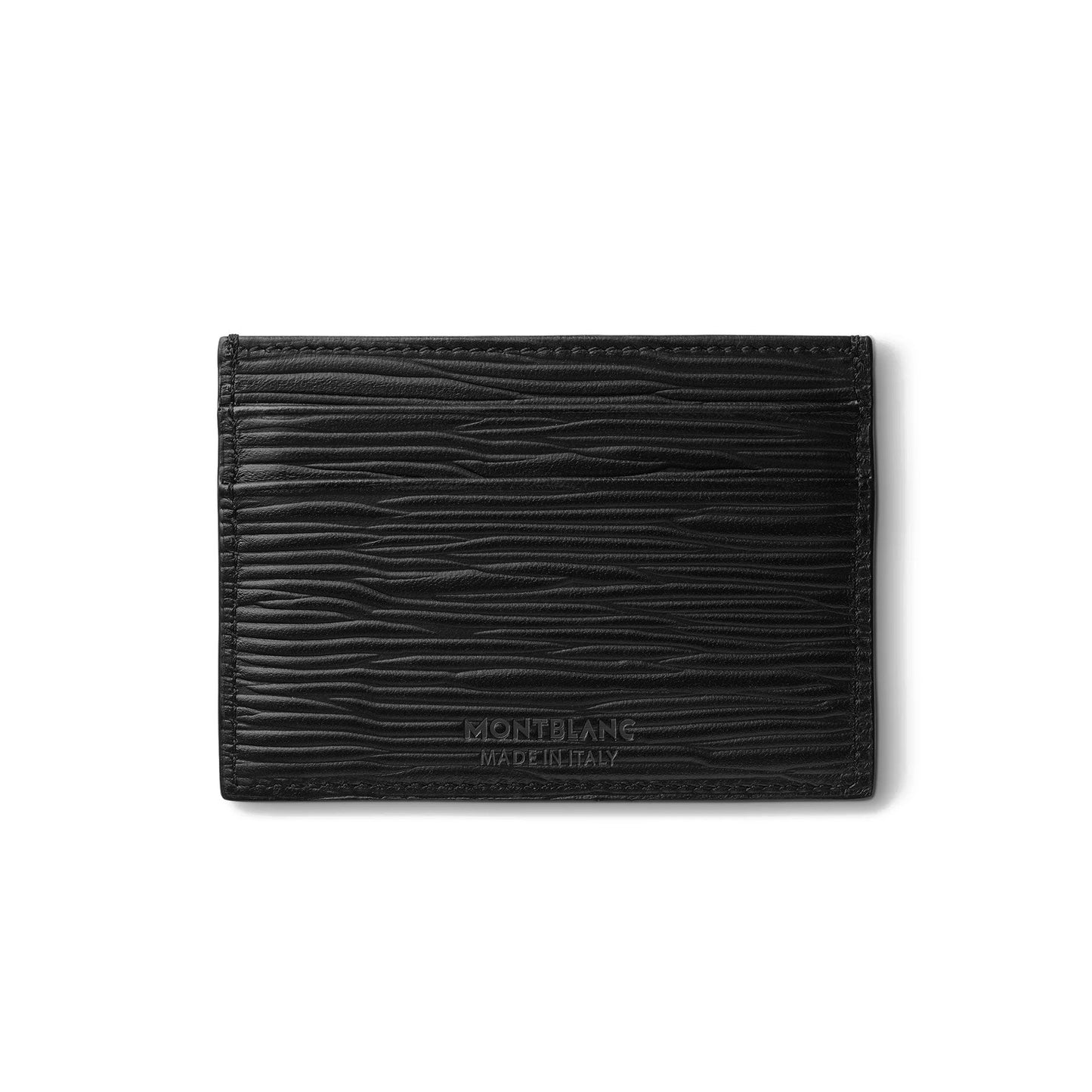 The Montblanc Meisterstück 4810 Black Card Holder 5CC Leather Wallet showcases a compact silhouette crafted from high-quality leather, featuring a textured black design with embossed lines and subtle branding at the bottom center. Made in Italy.