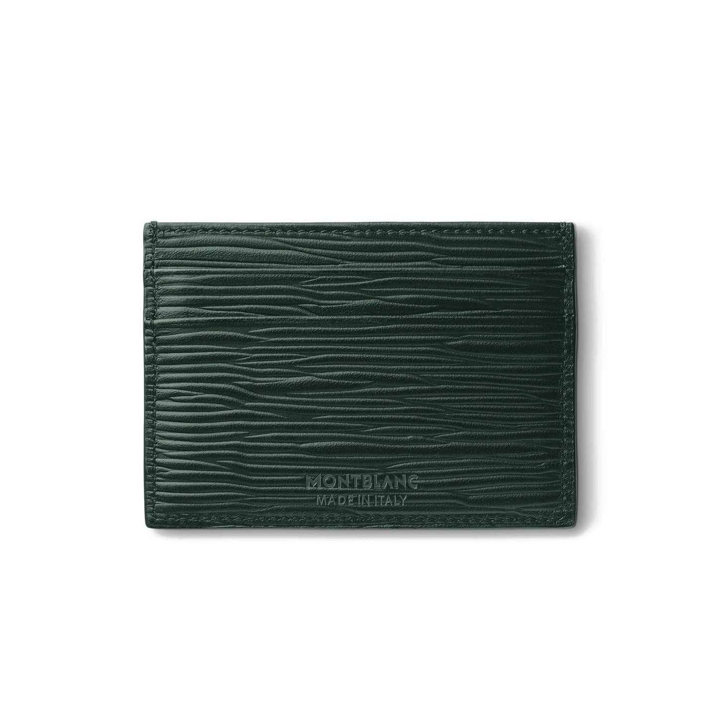 The Montblanc Meisterstück 4810 5cc British Green Leather Card Holder is crafted from high-quality dark green leather with a textured, wavy pattern. It features stitched edges and the "Montblanc Made in Italy" embossing on the front, highlighting its exquisite craftsmanship.