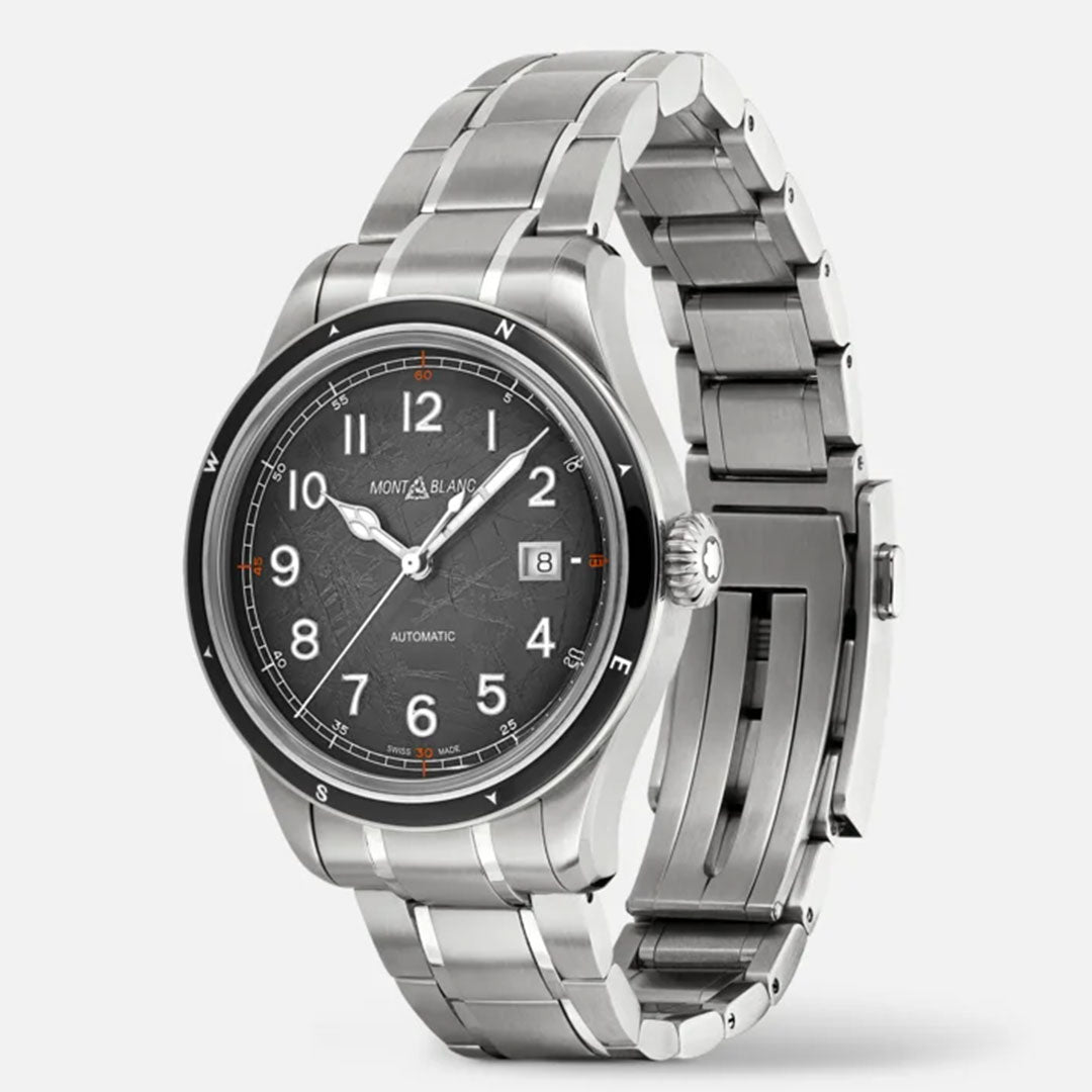 The Montblanc 1858 Date 0 Oxygen The 8000 Automatic 41mm Watch by Montblanc features a silver stainless steel wristwatch with a round black dial adorned with white Arabic numerals and a date window. It includes cardinal directions around the dial's edge and an Automatic Date function, complemented by a linked metal band that captures the brand's elegant style.