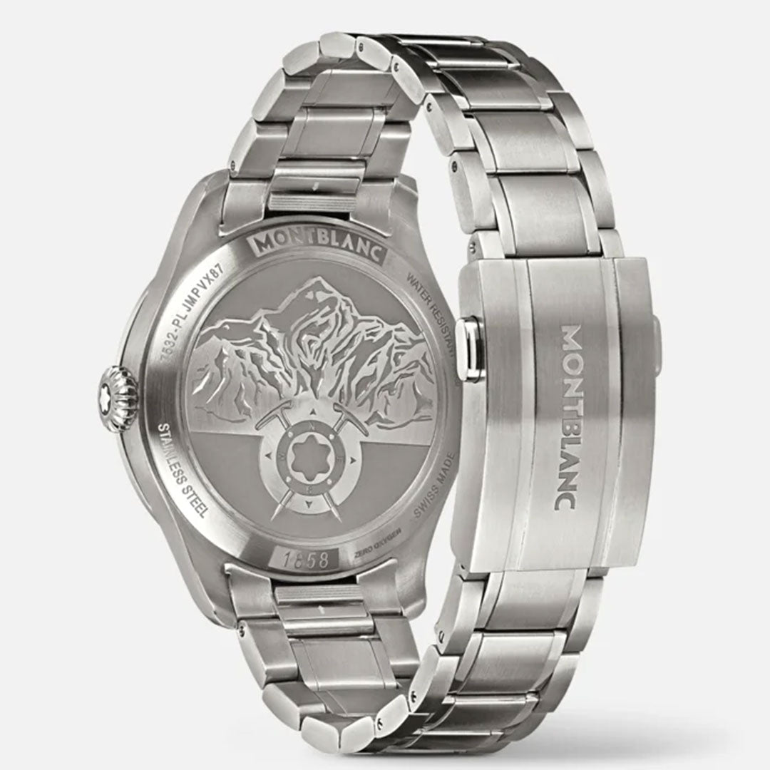 The Montblanc 1858 Date 0 Oxygen The 8000 Automatic 41mm Watch features a silver metal bracelet. The case back is adorned with an engraving of mountains and the Montblanc logo, capturing the spirit of adventure. The clasp bears the engraved "MONTBLANC," while "1:58" is elegantly displayed on its back, showcasing its precise craftsmanship.