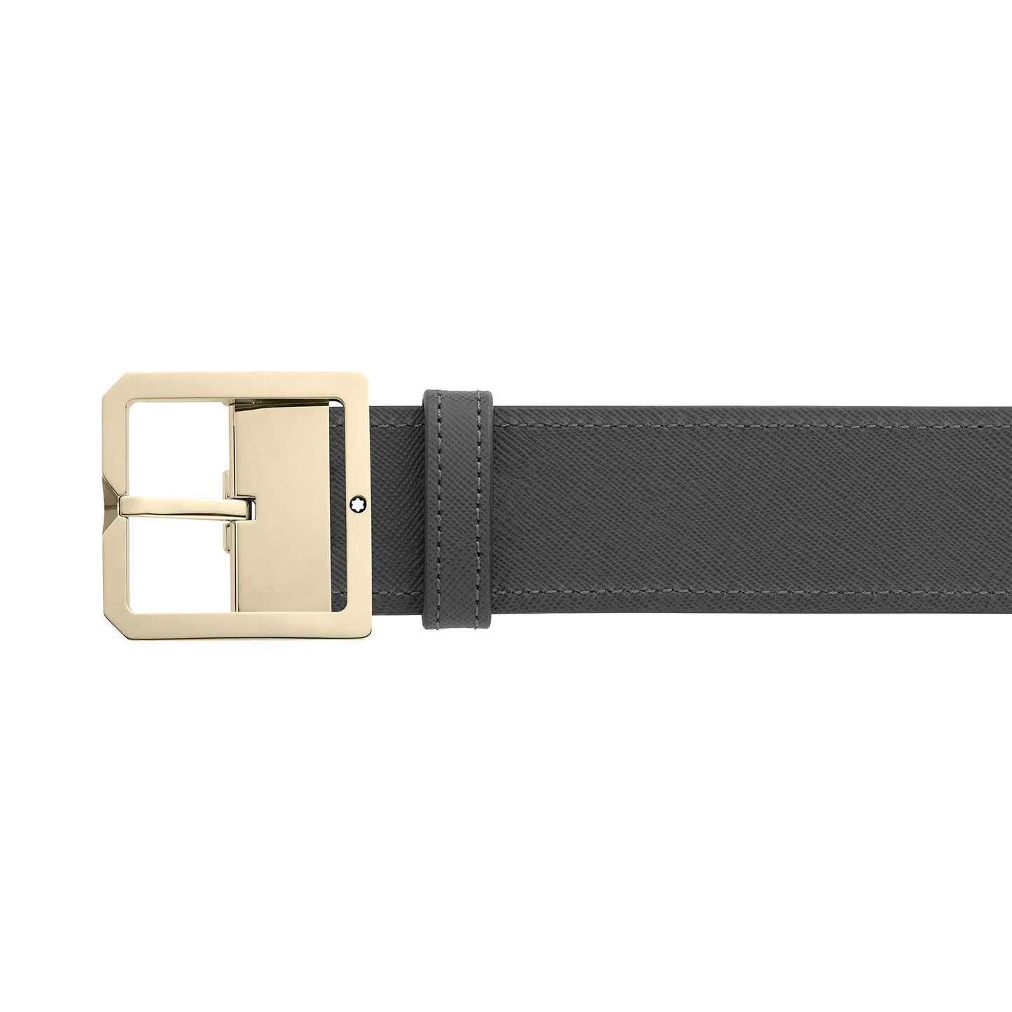 A close-up of the Montblanc Reversible 40mm Black / Brown Leather Belt, showcasing a gold square buckle against a plain white background, exudes elegance.