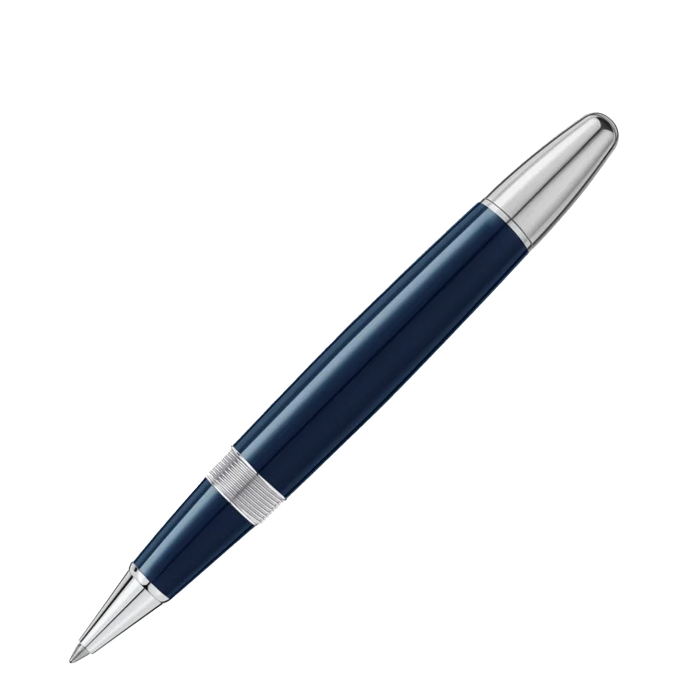 A Montblanc Meisterstück The Origin Collection Legrand Rollerball Pen is featured on a plain white background. The sleek design showcases navy blue with silver accents, and the cap is removed to reveal its precise point, primed for writing. This fine writing instrument embodies a modern, polished aesthetic from Montblanc.